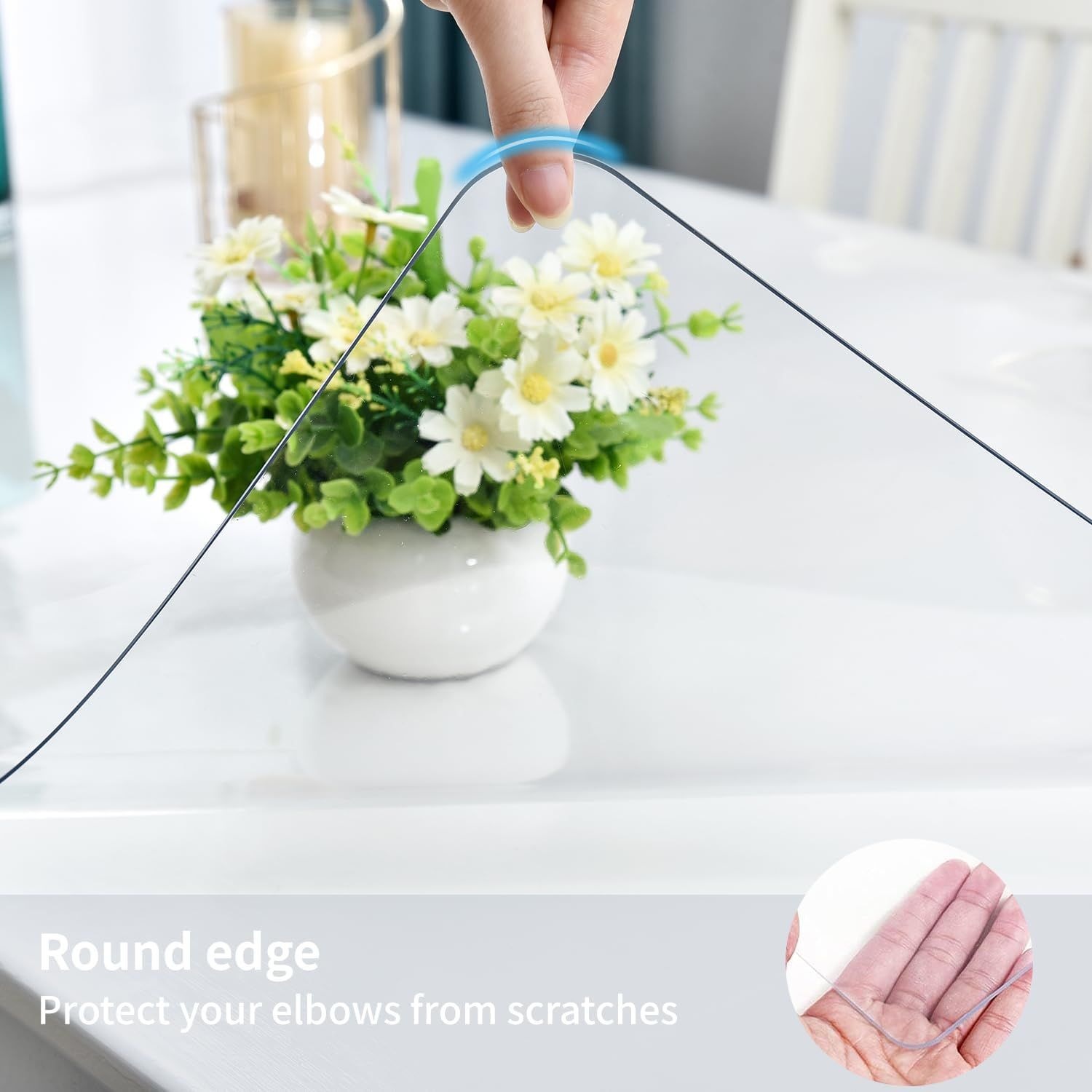 Communicates that the product features rounded edges to protect users from scratches and injury, emphasizing safety and user-friendly design.