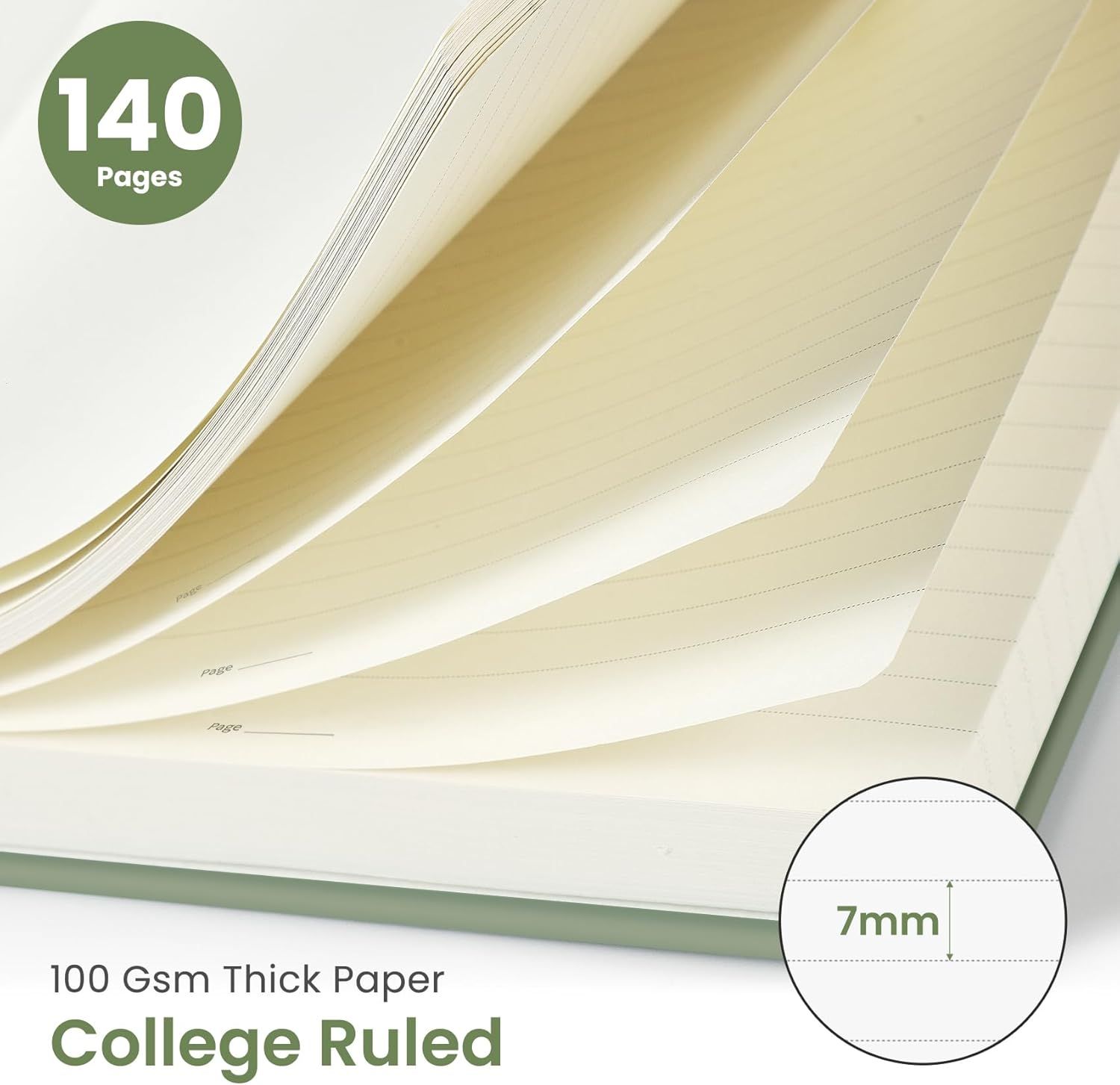 Communicates the notebook's capacity and paper specifications to help shoppers understand the product's quantity and quality features. Highlights the premium paper thickness and college-ruled format…
