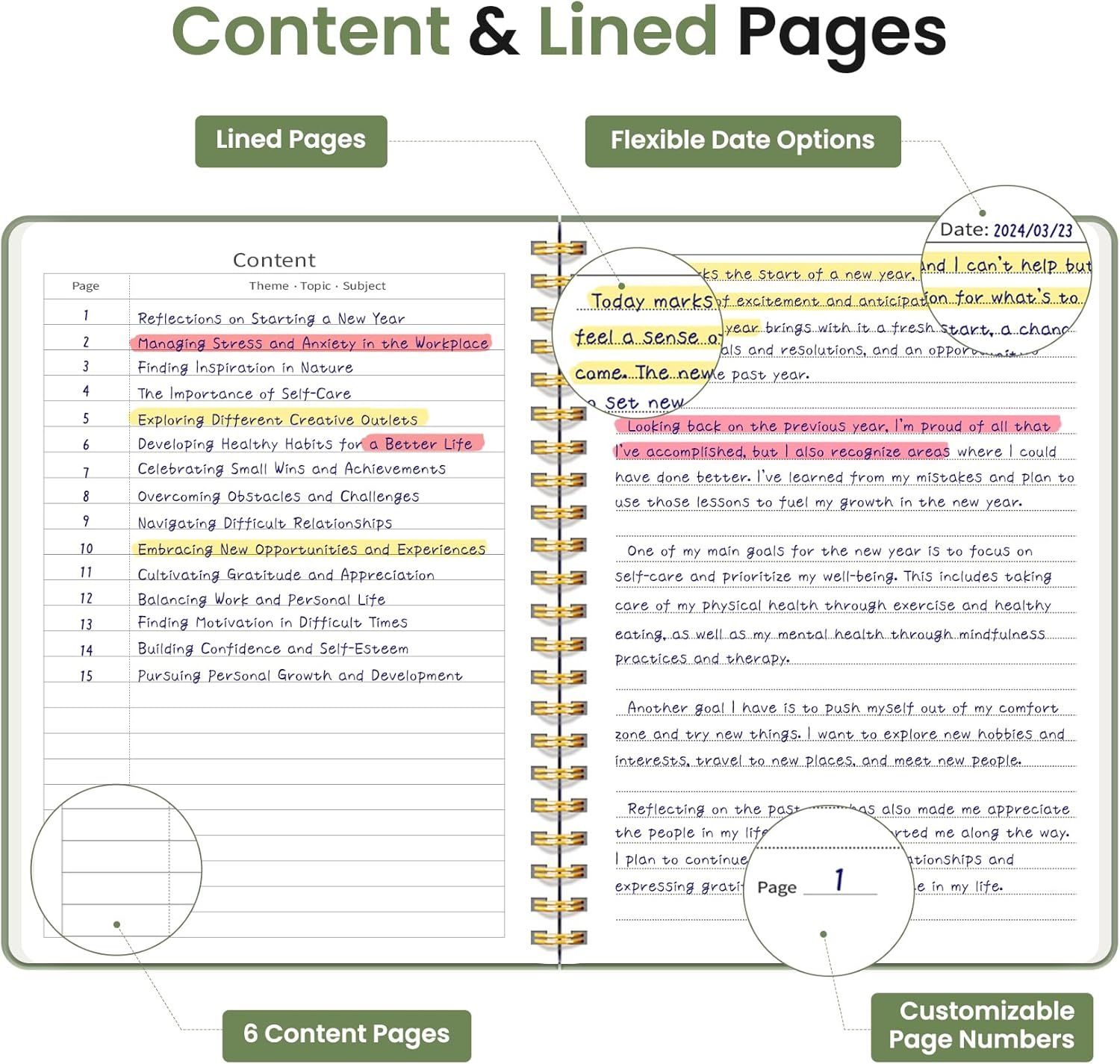 This image showcases multiple distinct features of a journal or planner product, highlighting its organizational structure, customization options, and content variety to help shoppers understand the…
