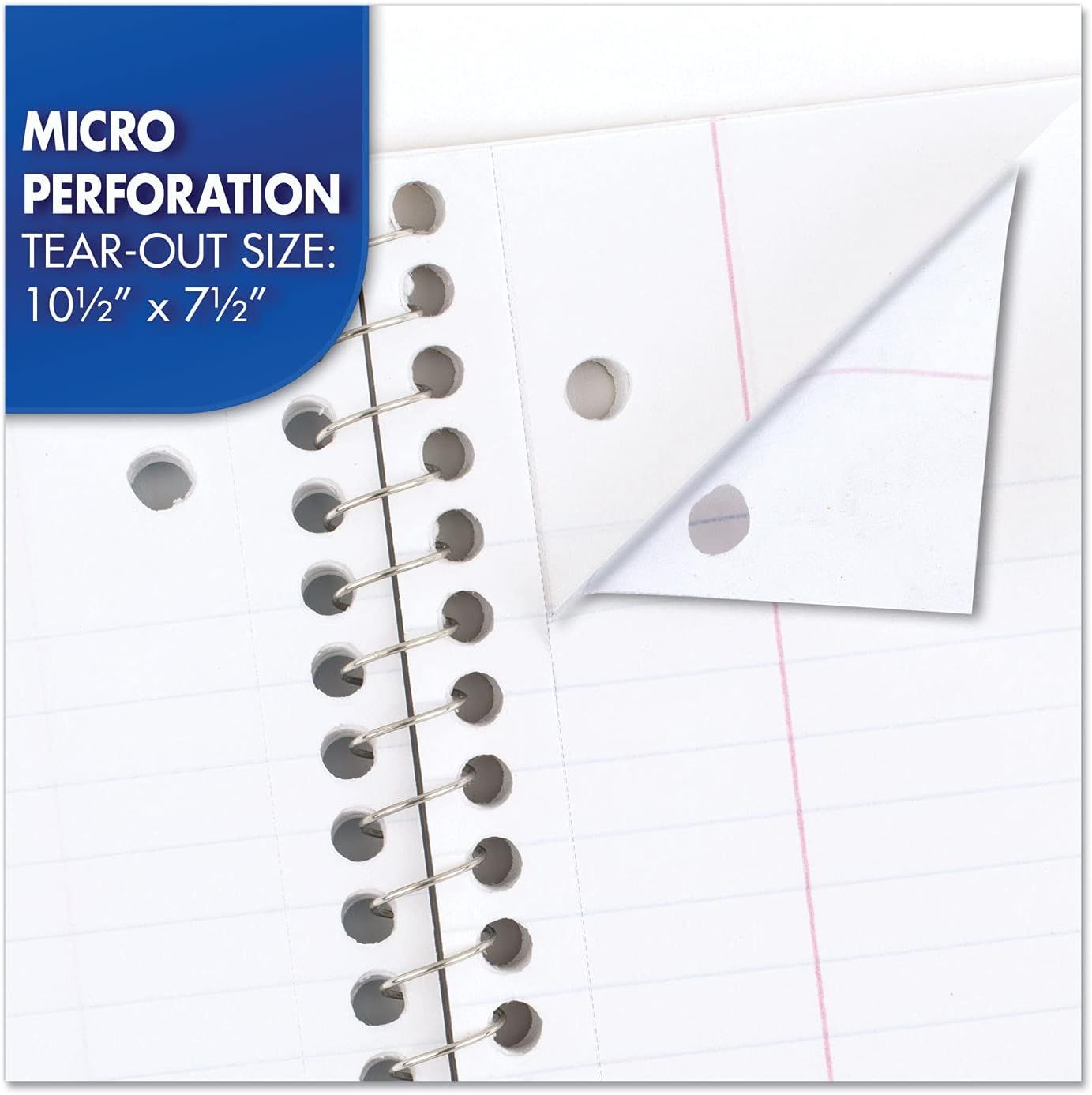 Communicates the exact physical dimensions of the tear-out pages to help shoppers understand the size of the notebook paper they will receive. Highlights the micro perforation feature that allows…