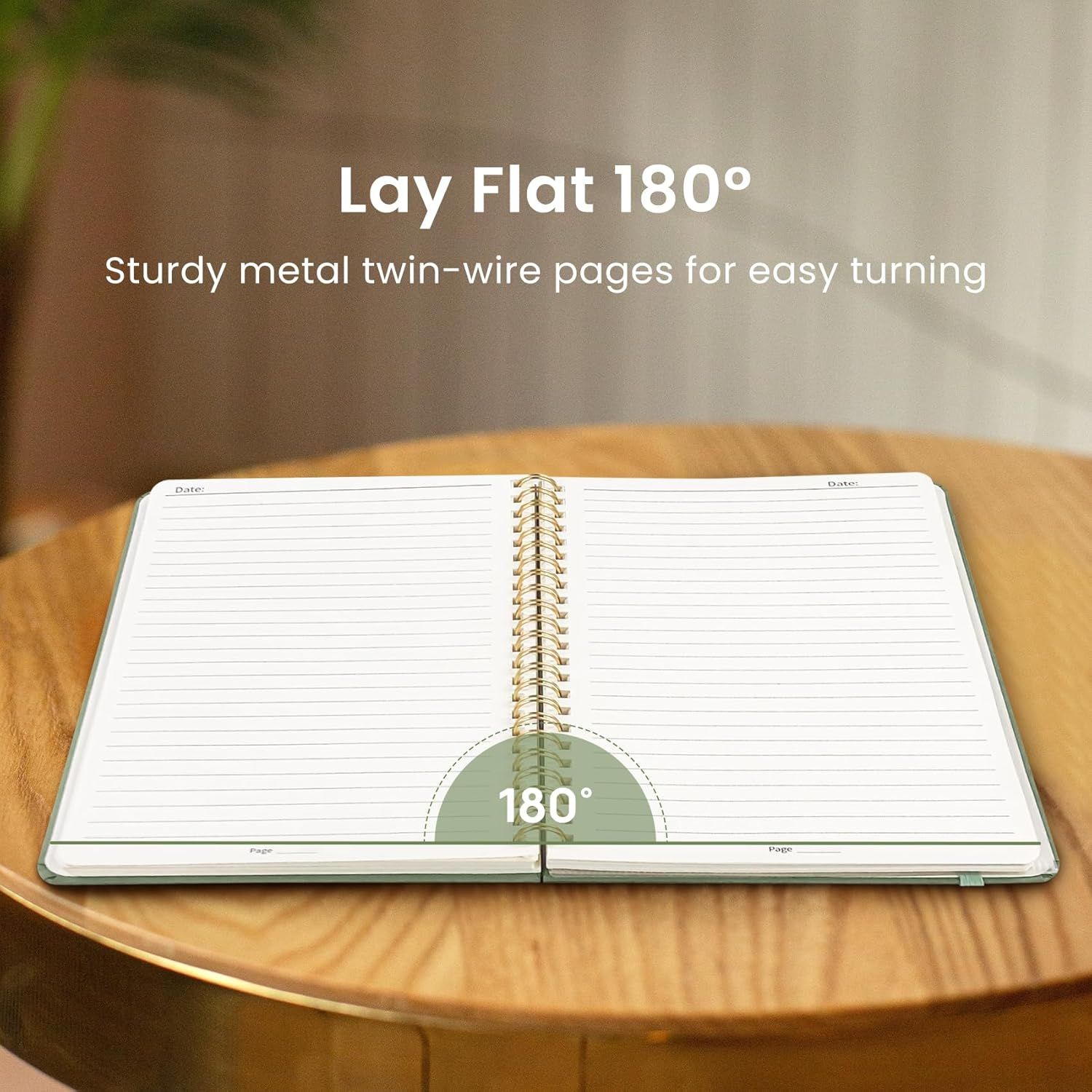Highlights the notebook's ability to lay completely flat at 180 degrees with sturdy metal twin-wire binding, emphasizing ease of use and writing comfort.