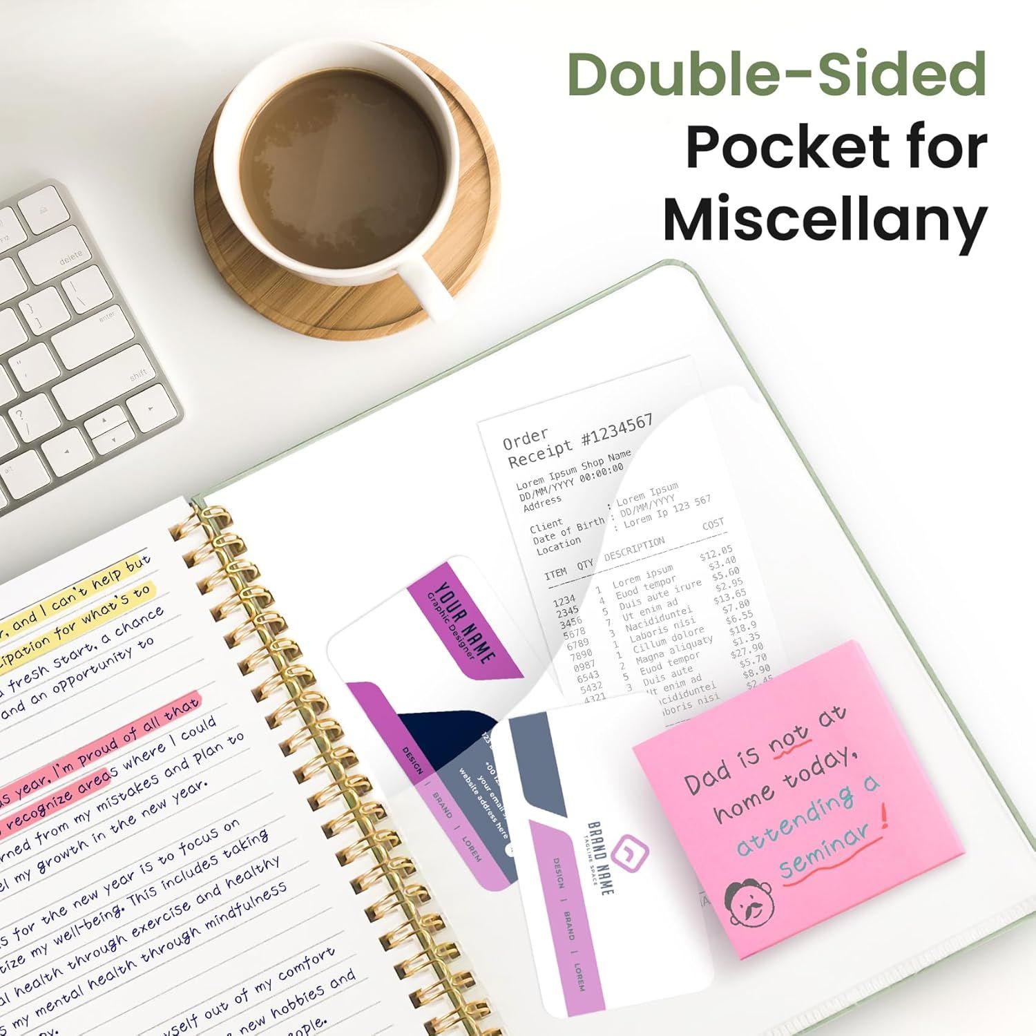Highlights the product's double-sided pocket feature designed to organize and store miscellaneous items like receipts, notes, and sticky notes, emphasizing its organizational utility.
