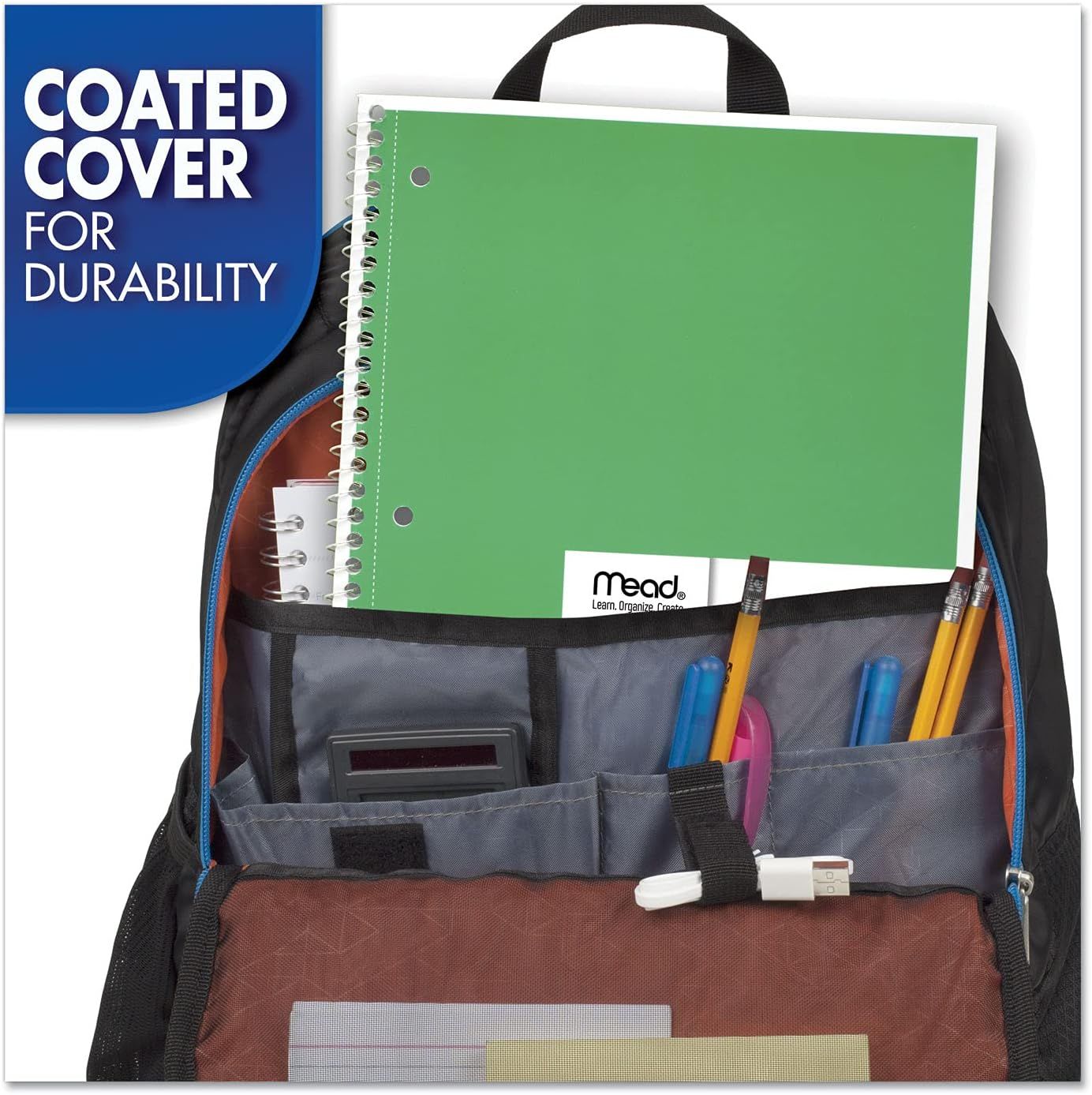 Highlights the durable coated cover feature of the notebook to reassure shoppers that the product can withstand daily wear and tear in a backpack or school environment.