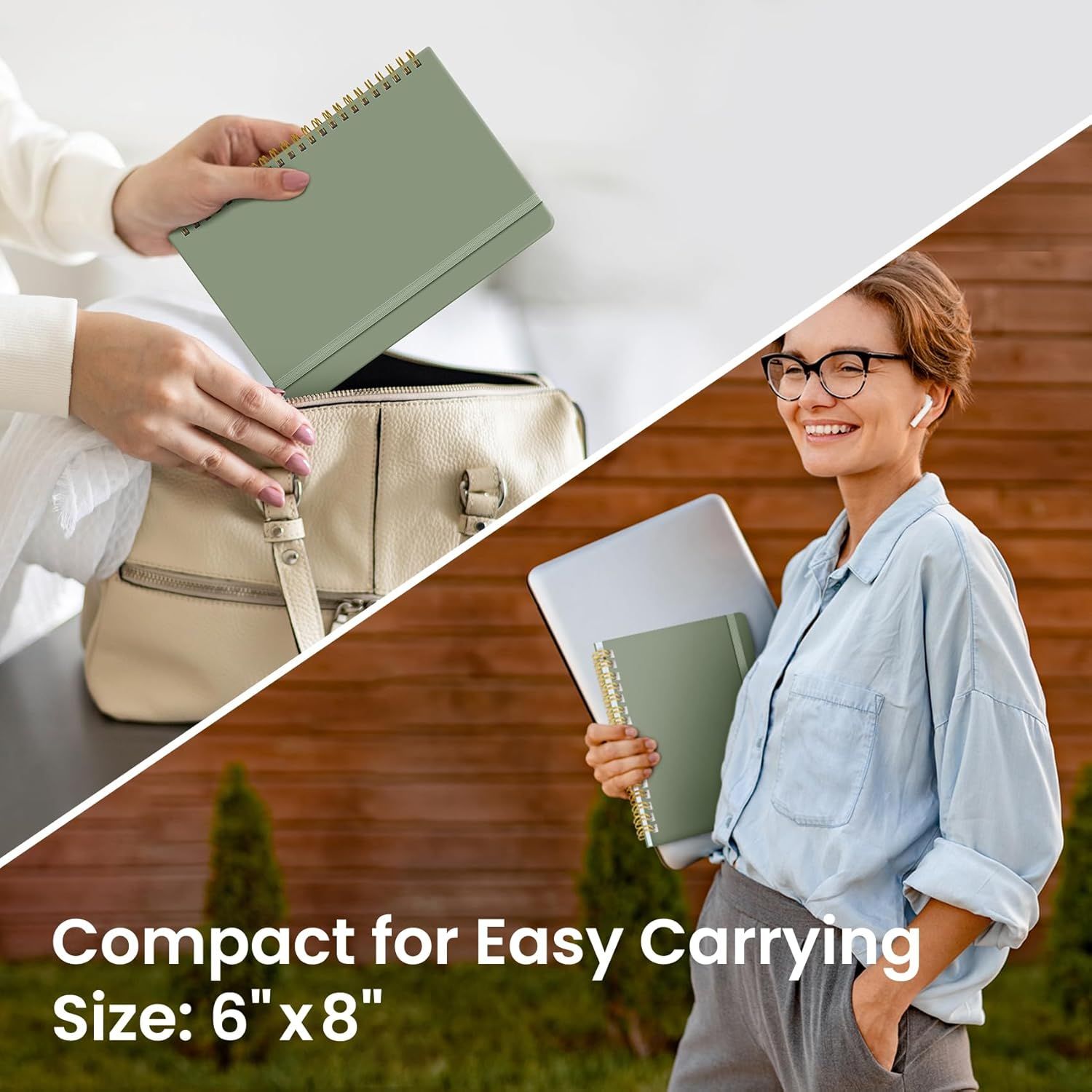 Communicates the notebook's compact 6" x 8" dimensions and demonstrates its portability by showing it fits easily in a bag and can be carried with a laptop, reassuring shoppers it's convenient for…