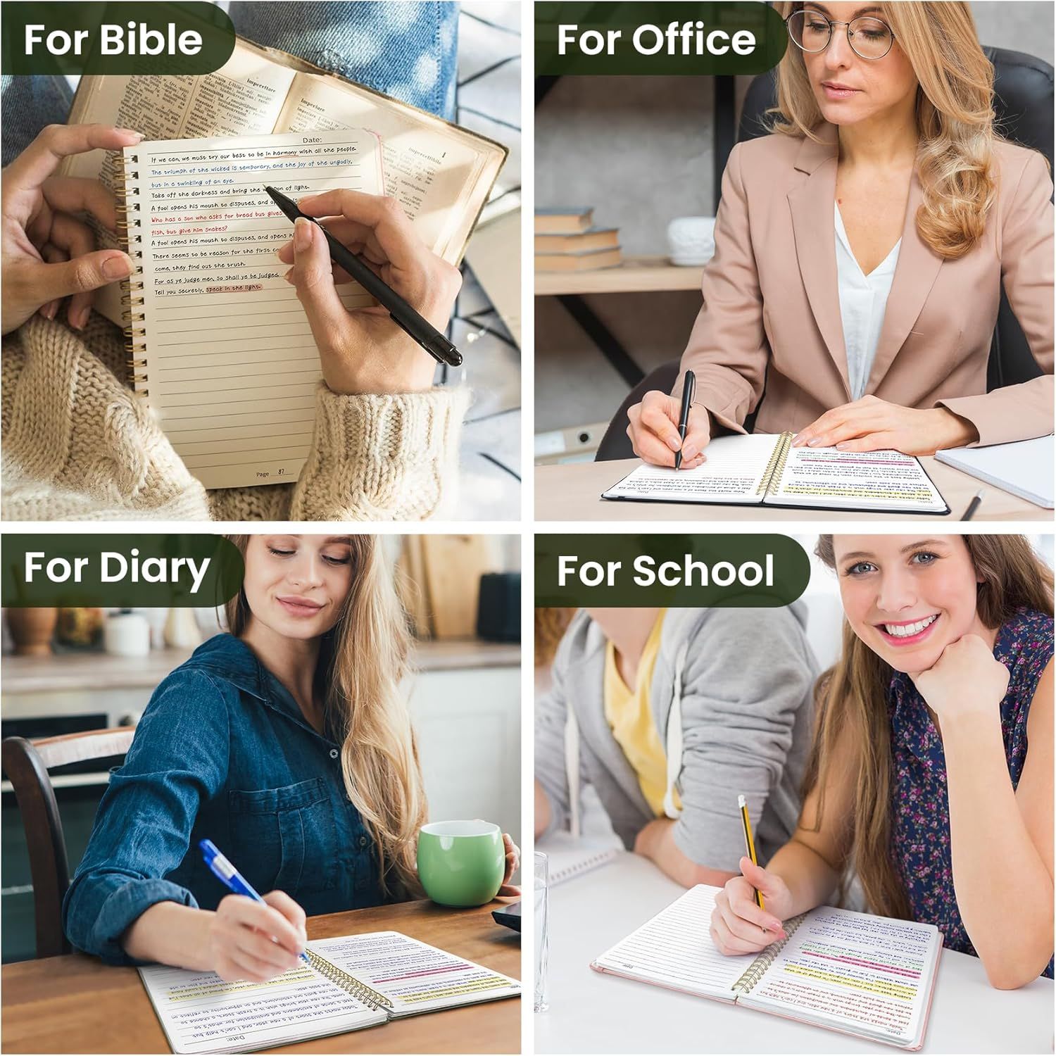 Demonstrates the versatility of the product by showing it can be used in four different contexts—religious study, professional work, personal journaling, and academic settings—to appeal to a broad…