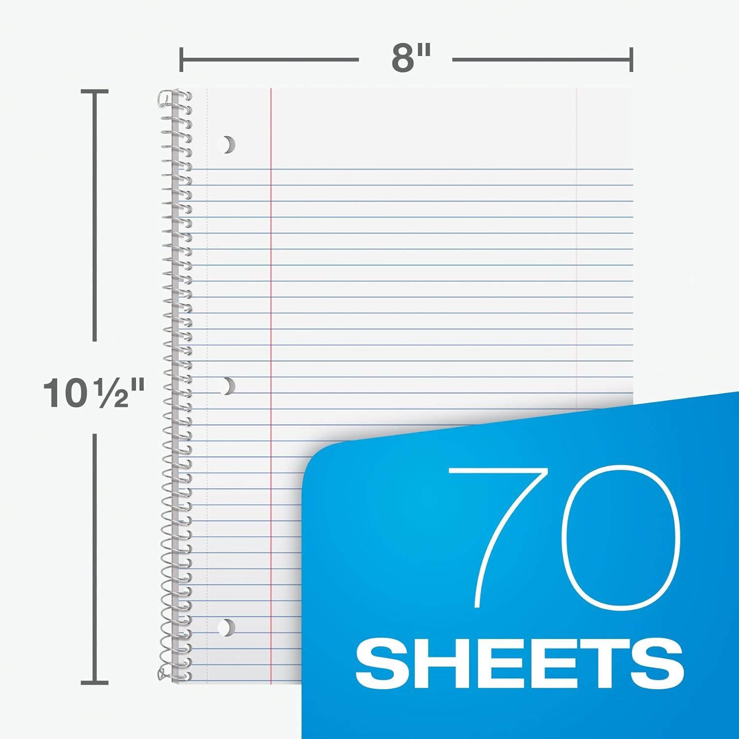 Communicates the exact physical dimensions of the notebook (8 inches wide by 10.5 inches tall) and the quantity of sheets (70) to help shoppers understand the product size and capacity.