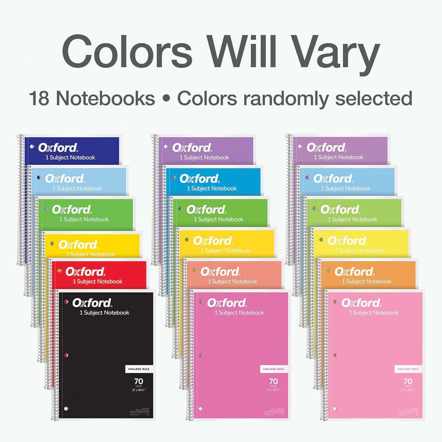 Shows the customer exactly what they receive in the bundle—18 Oxford notebooks in various colors—while setting the expectation that colors will be randomly selected.