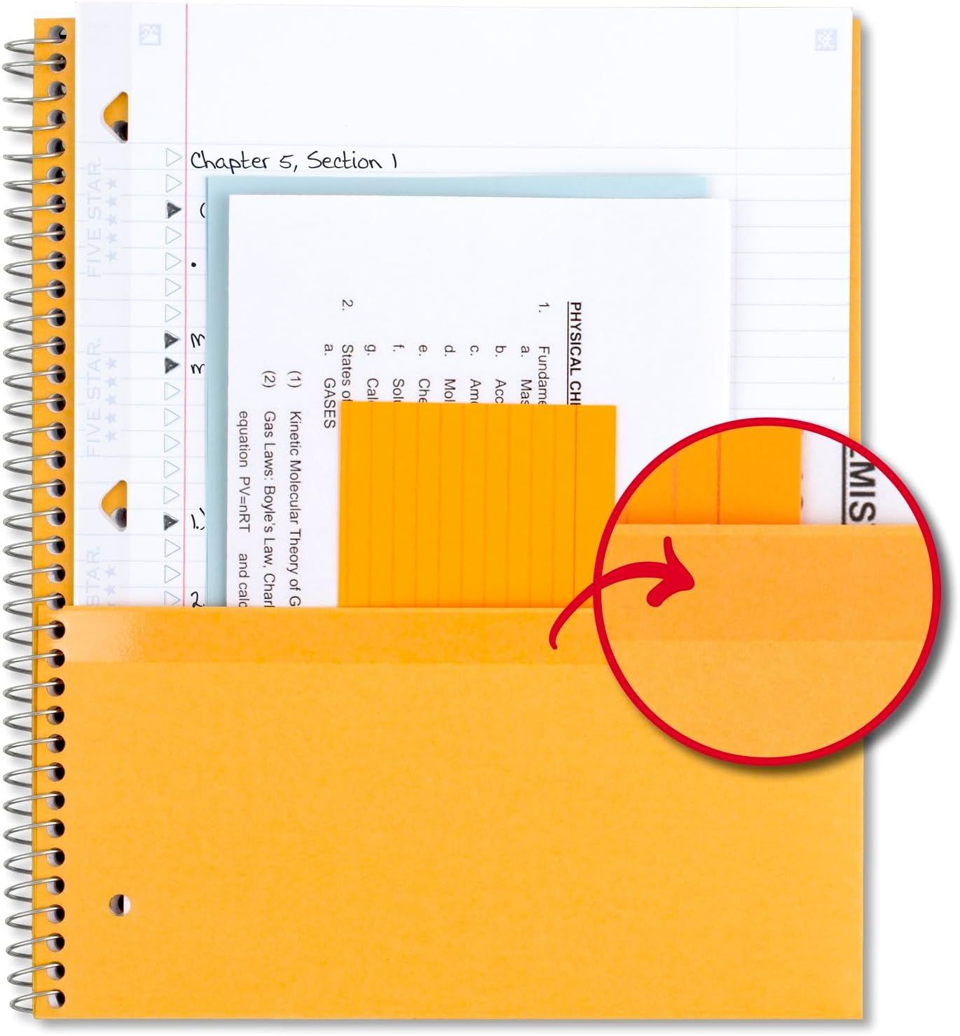 Demonstrates the notebook's transparent pocket feature that allows users to see and organize documents, papers, or study materials without opening the pocket.
