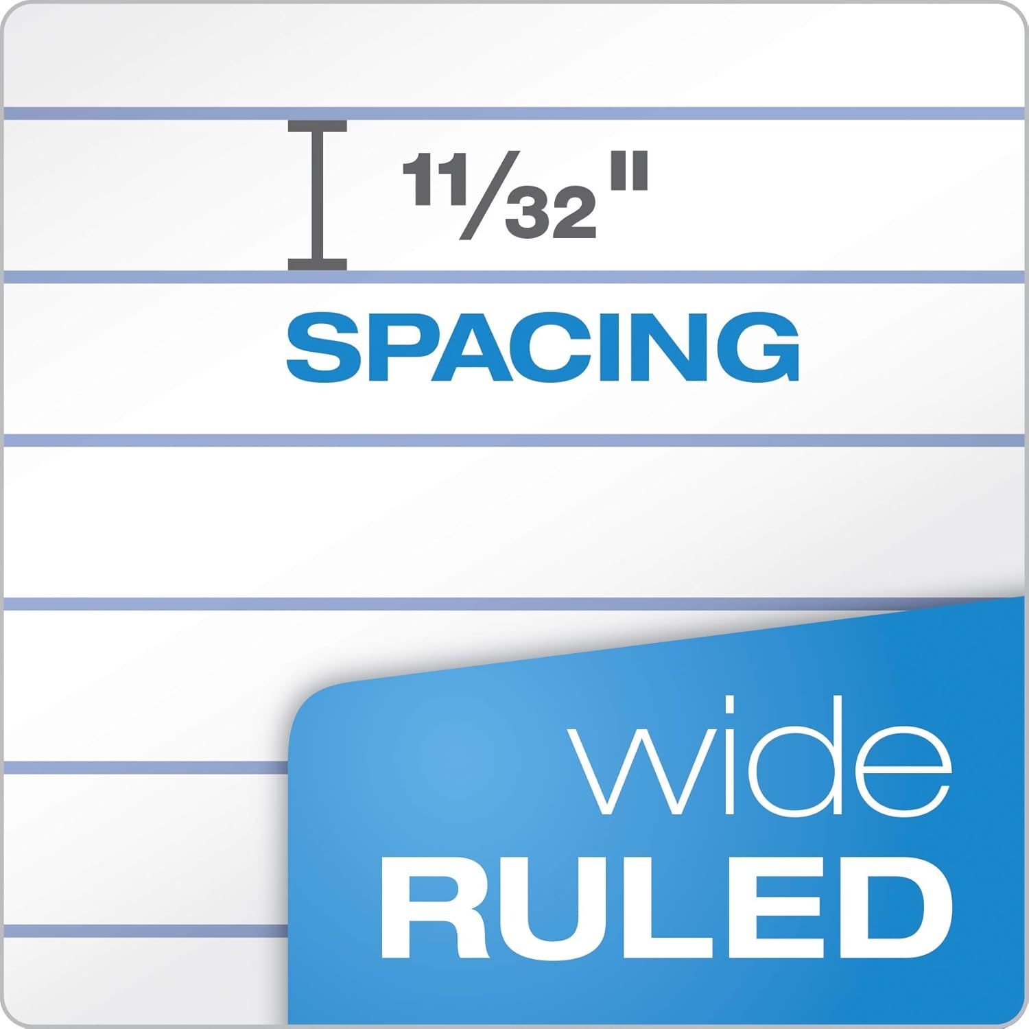 Communicates the specific spacing measurement between ruled lines (11/32 inch) to help shoppers understand the product's physical dimensions and suitability for their writing needs.