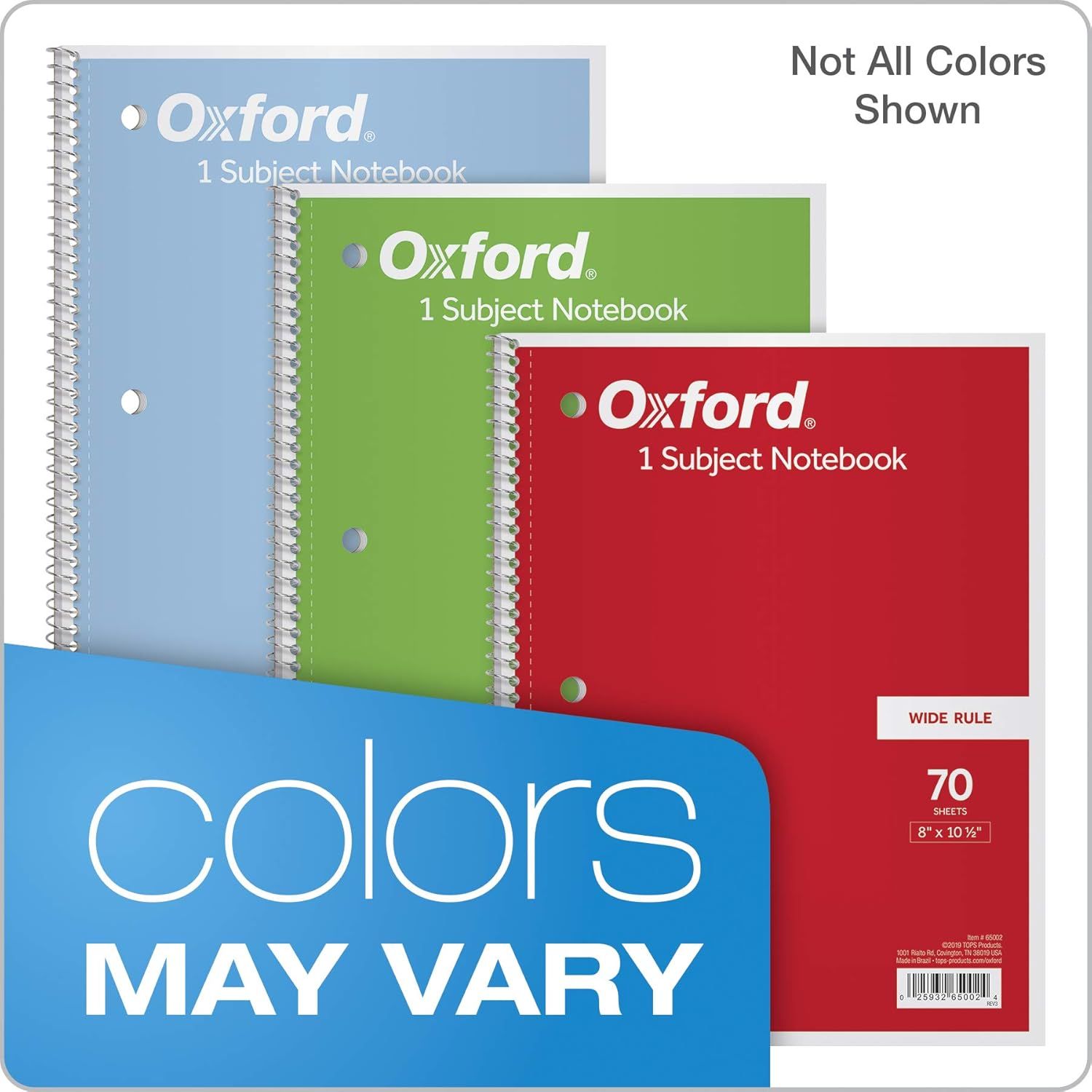 Showcases the Oxford notebook product line with multiple color options available, helping shoppers understand the variety of choices within the brand's offering.