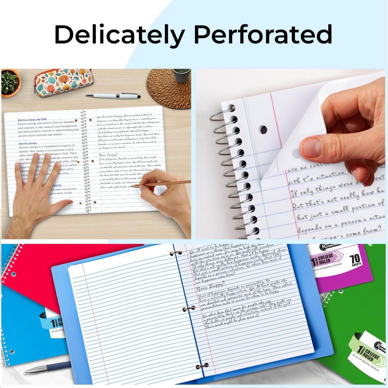 Demonstrates the notebook's perforated pages feature, showing how pages can be cleanly removed from the spiral binding for easy organization and sharing.