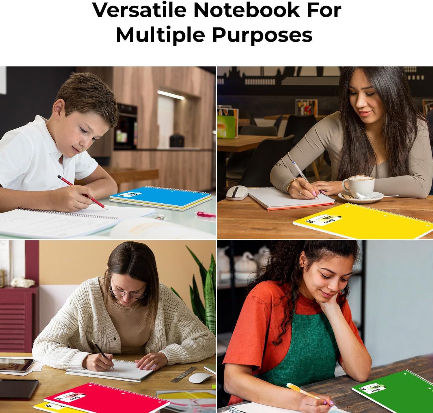 Demonstrates the notebook's versatility by showing it being used across multiple real-world scenarios (child studying, professional working, office use, creative work), reassuring shoppers that the…