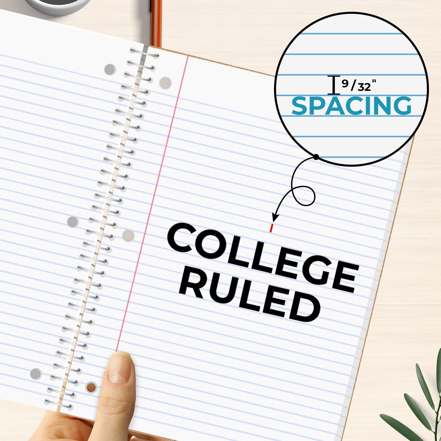 Highlights the specific 9/32 inch line spacing of the college ruled notebook to inform shoppers of the exact ruling format and help them choose the right paper type for their needs. Communicates…