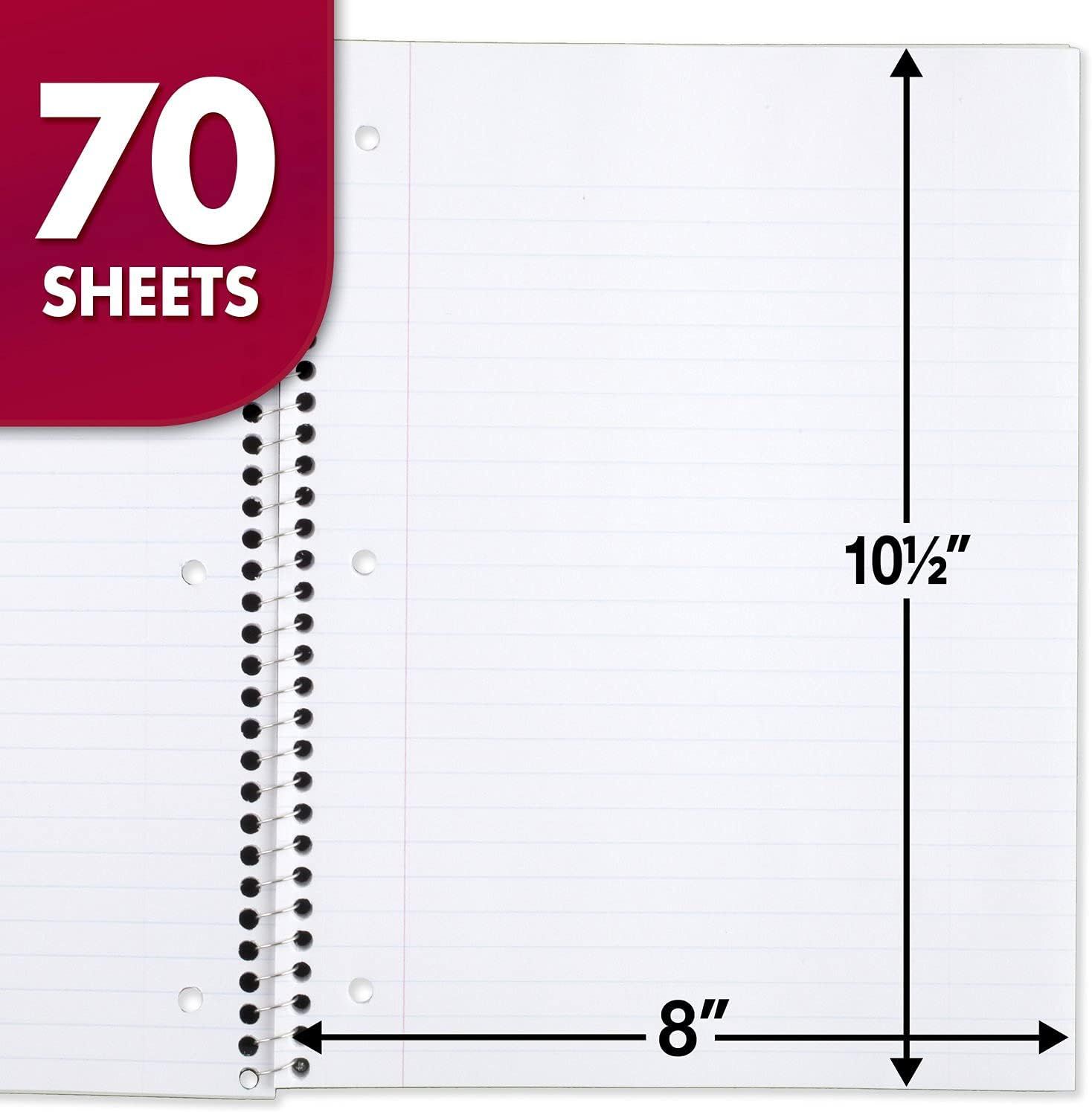 Communicates the exact physical size of the notebook paper (8 inches by 10.5 inches) and quantity (70 sheets) to help shoppers understand what they're purchasing.