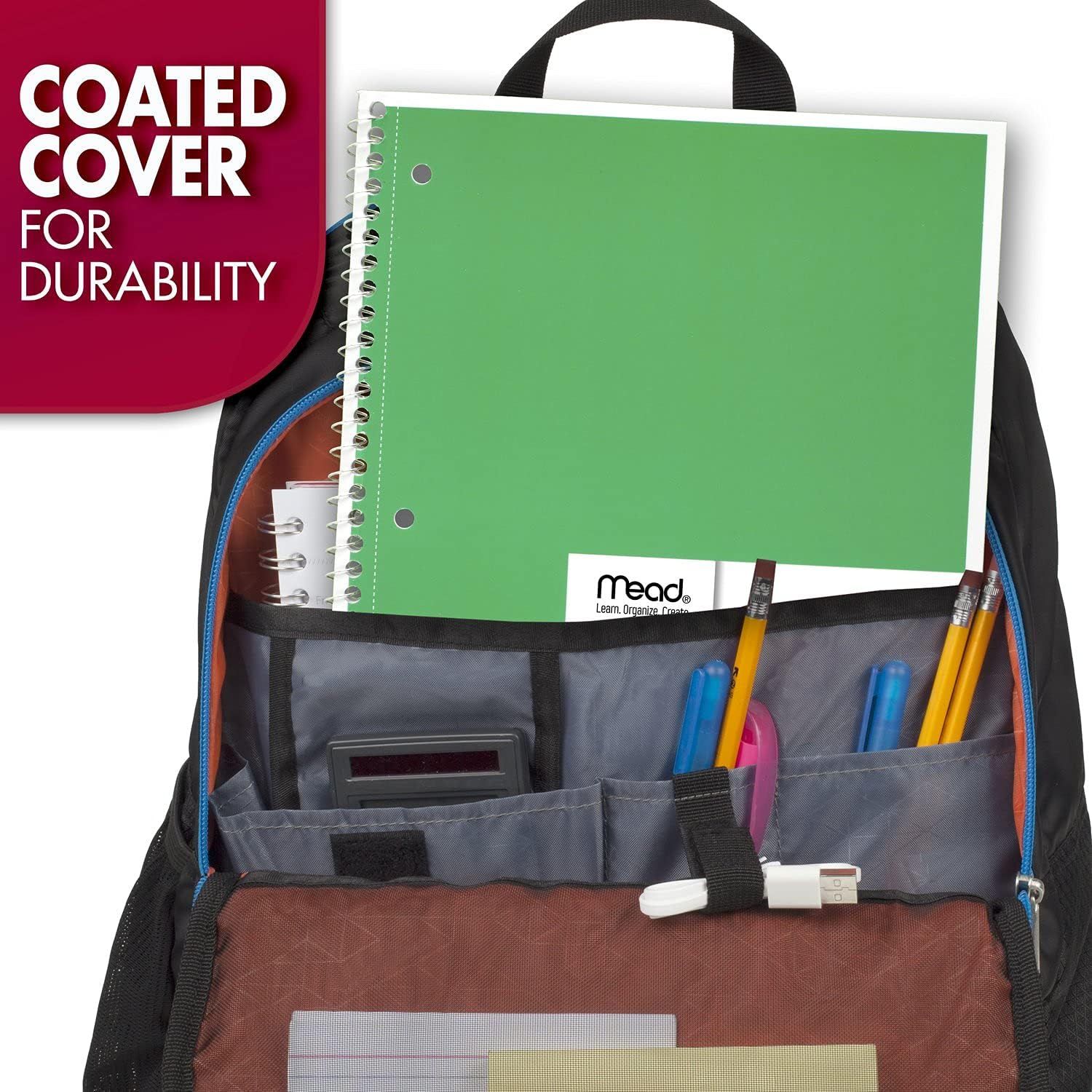 Highlights the durable coated cover feature of the notebook to reassure shoppers that the product can withstand daily wear and tear in a backpack.