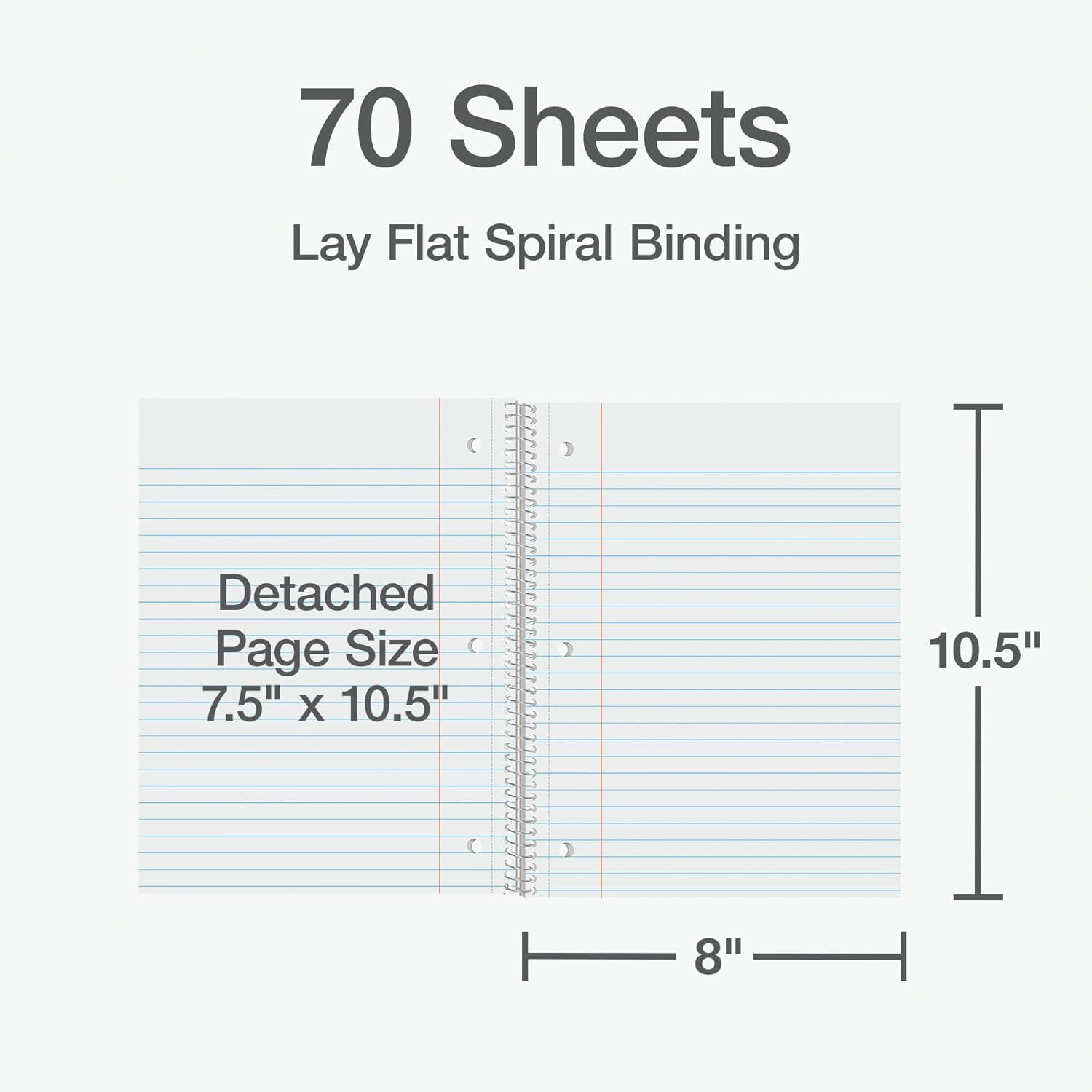 Communicates the exact physical dimensions of the notebook (8 inches x 10.5 inches) and detached page size (7.5 inches x 10.5 inches), along with the sheet count (70 sheets), to help shoppers…