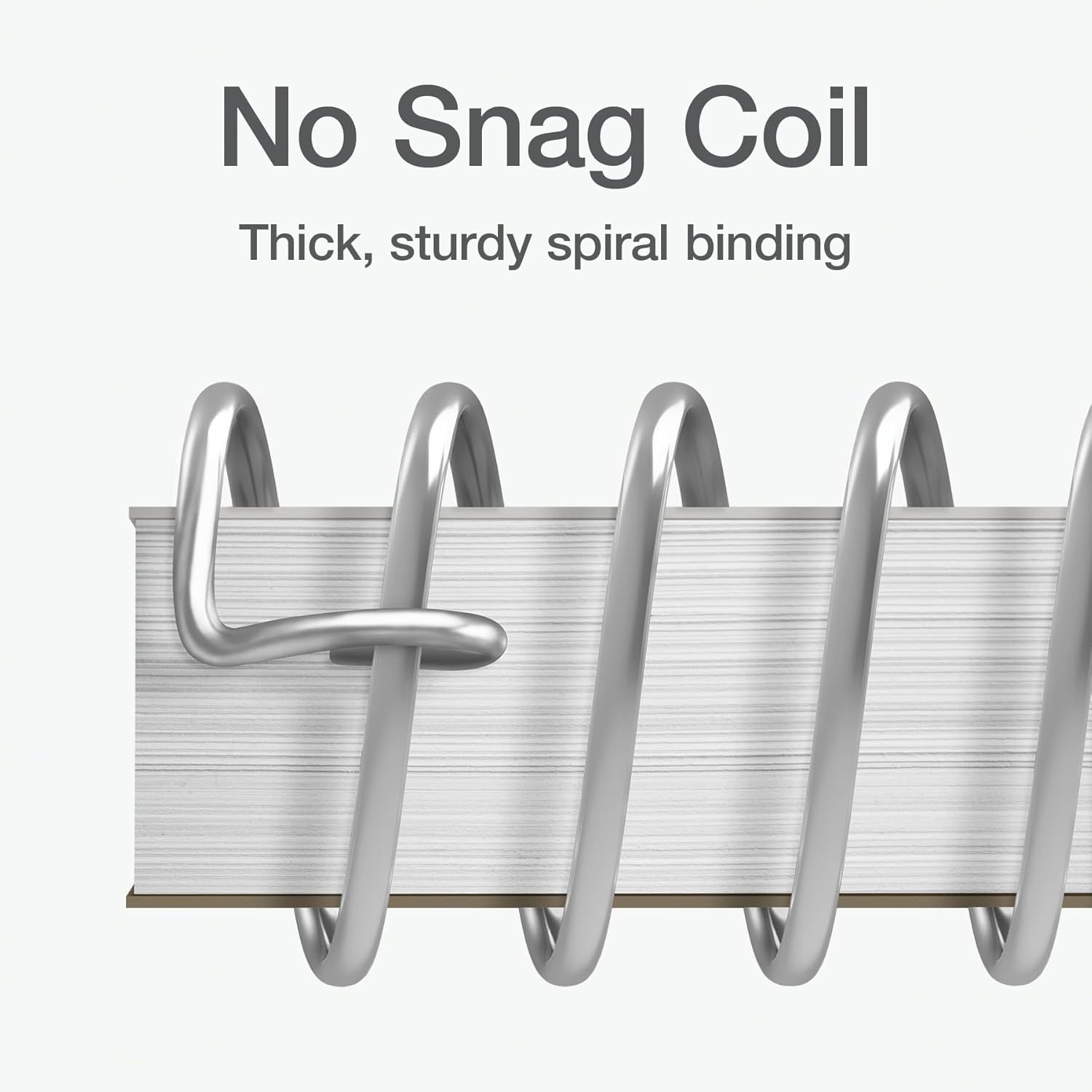 Highlights the physical construction of the spiral binding, emphasizing its thick, sturdy design that prevents snagging to reassure shoppers of durability and smooth functionality.