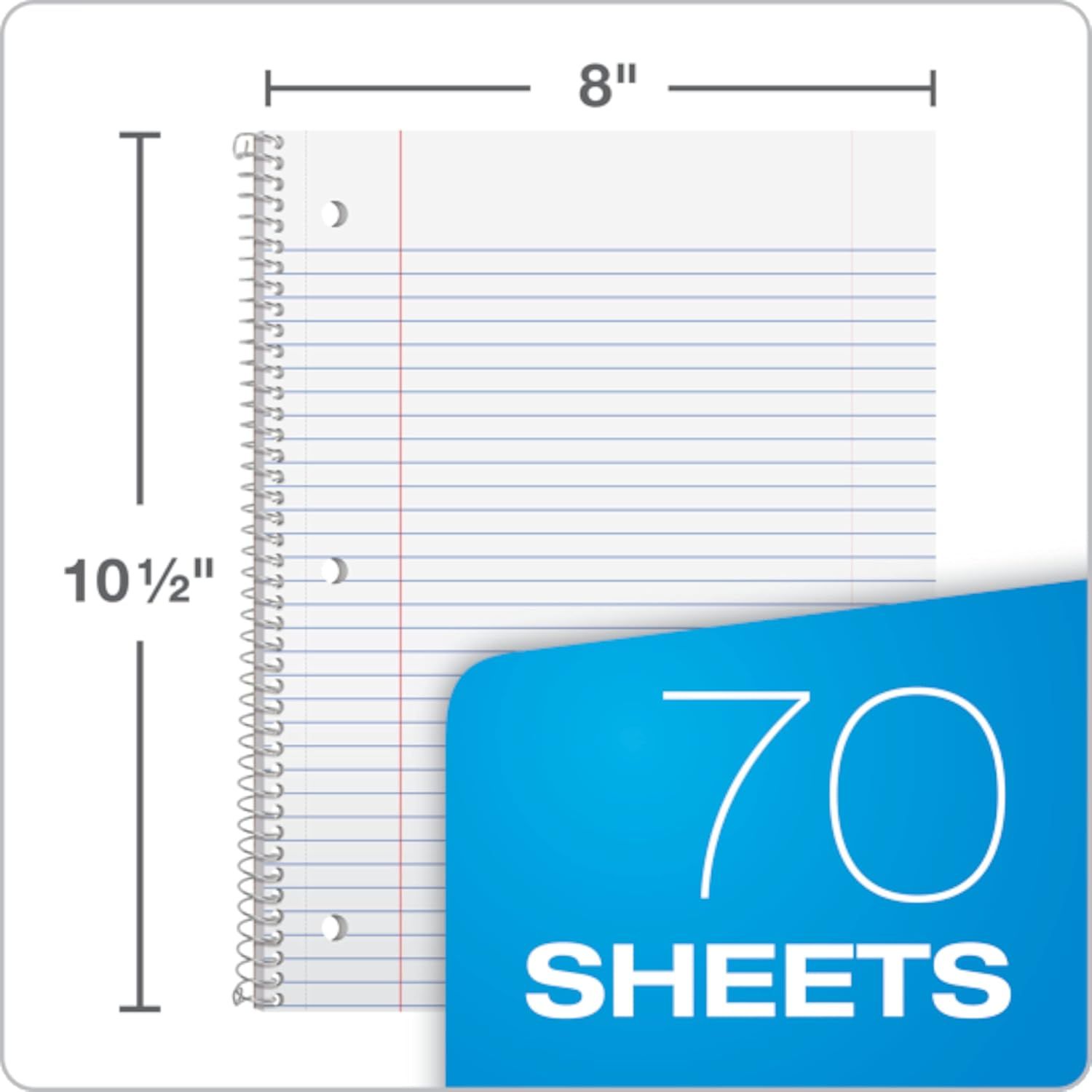 Communicates the exact physical size of the notebook (8 inches wide by 10.5 inches tall) to help shoppers understand the product's dimensions before purchase. Highlights the sheet count to reassure…