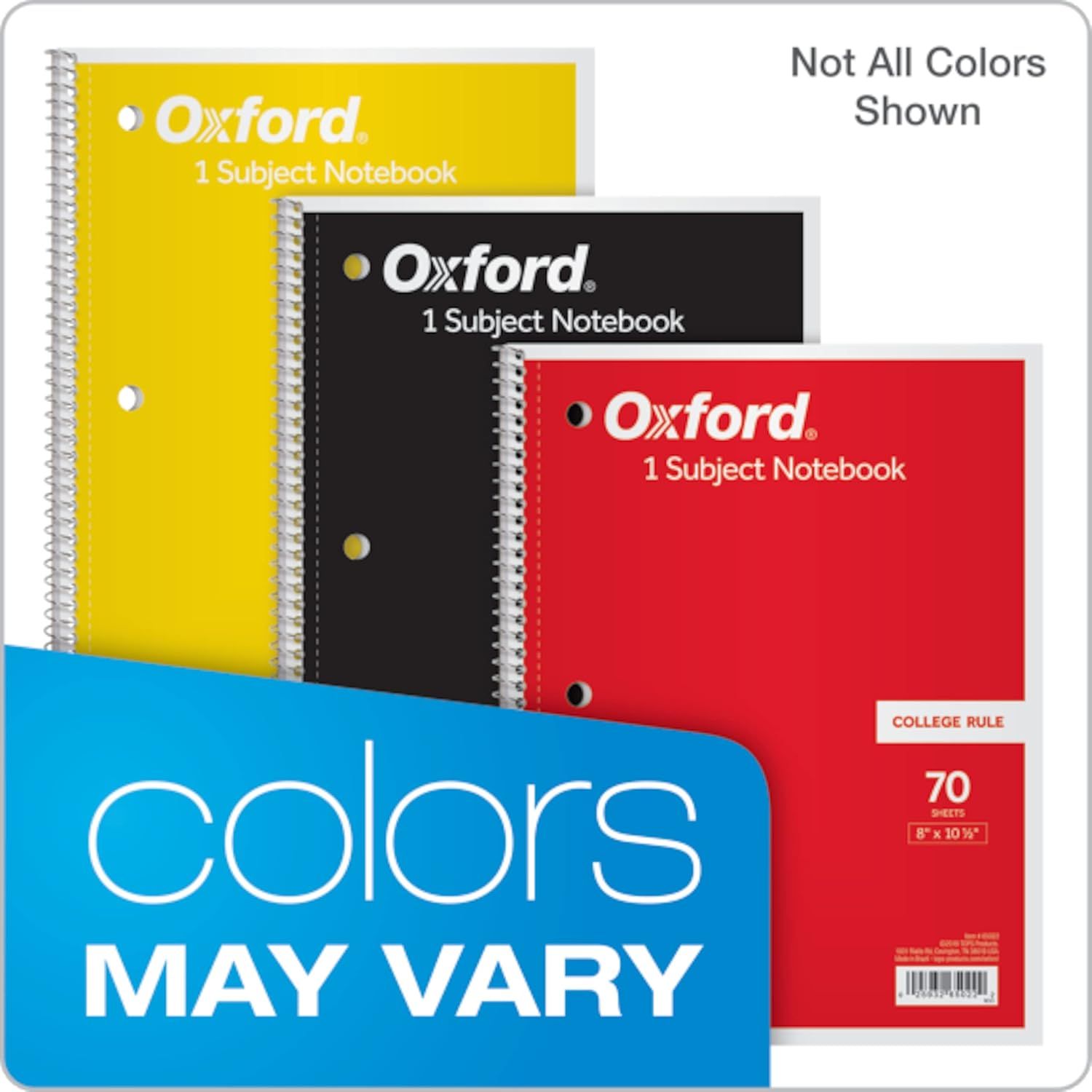 Shows the shopper the available color options for the Oxford 1 Subject Notebook, helping them understand the product line variety and choose their preferred color.