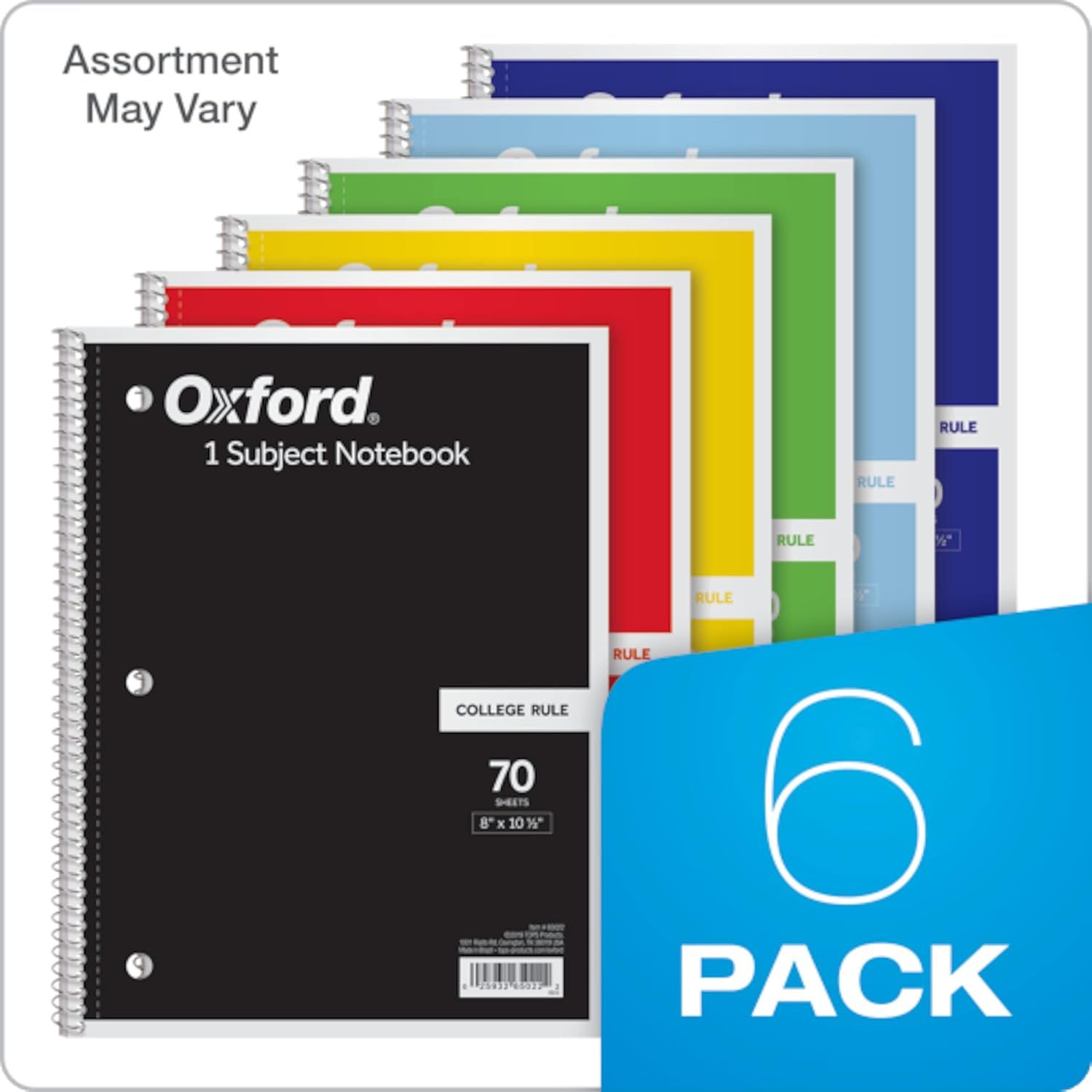 Showcases the Oxford notebook product line with multiple color options available, helping shoppers understand the variety of choices within the brand's offering and that assortment may vary.