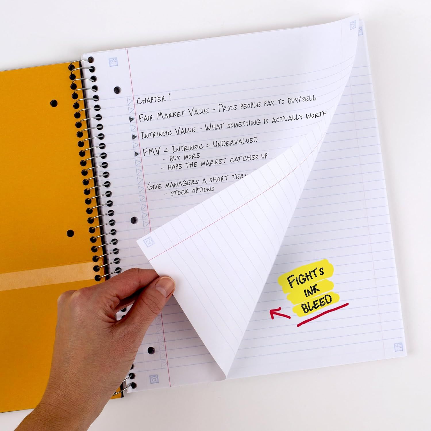 Demonstrates the paper's ability to prevent ink from bleeding through pages, reassuring shoppers that the notebook is suitable for writing with various pen types.