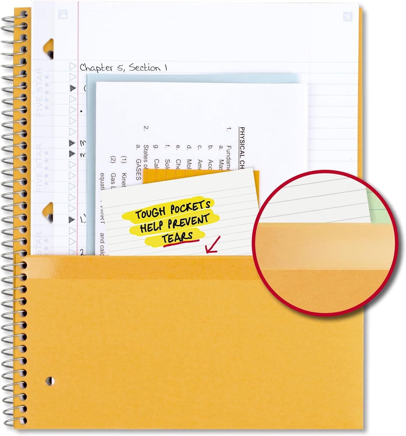 Highlights the notebook's tough pocket feature that prevents tears, reassuring students and professionals that their materials will stay secure and intact.