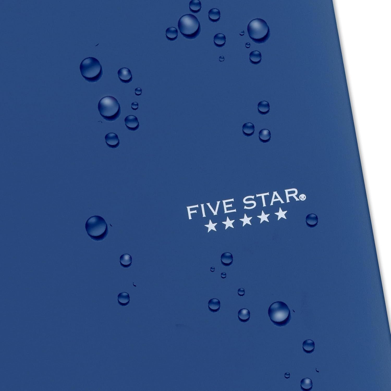 Communicates the Five Star brand identity while visually demonstrating the product's waterproof or water-resistant properties through water droplets on the surface.