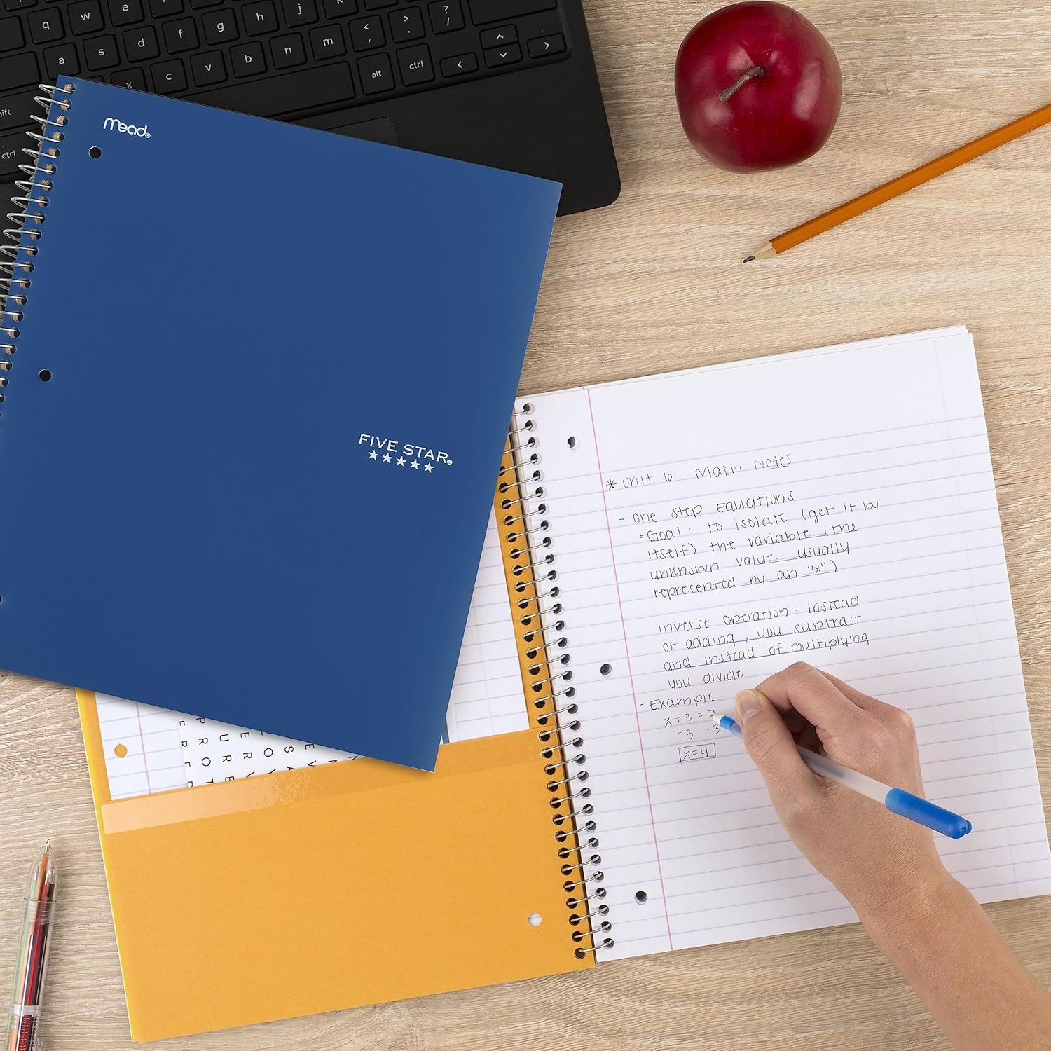Shows the product (Five Star notebook) in a real-world study or school context to help shoppers visualize how they would use it in their daily life.