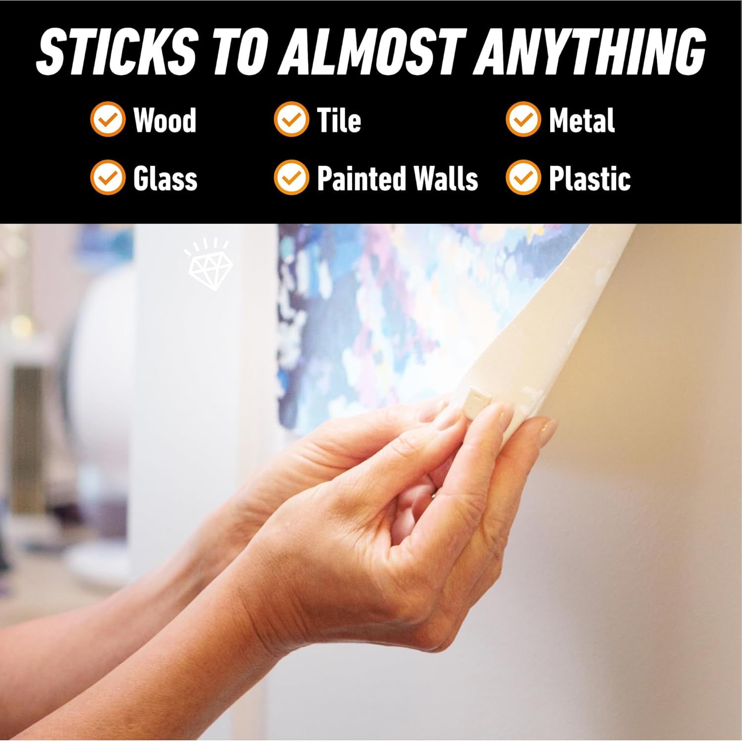Demonstrates the product's versatility by showing it adheres to multiple surface types (wood, tile, metal, glass, painted walls, plastic), reassuring shoppers it will work in their specific use…