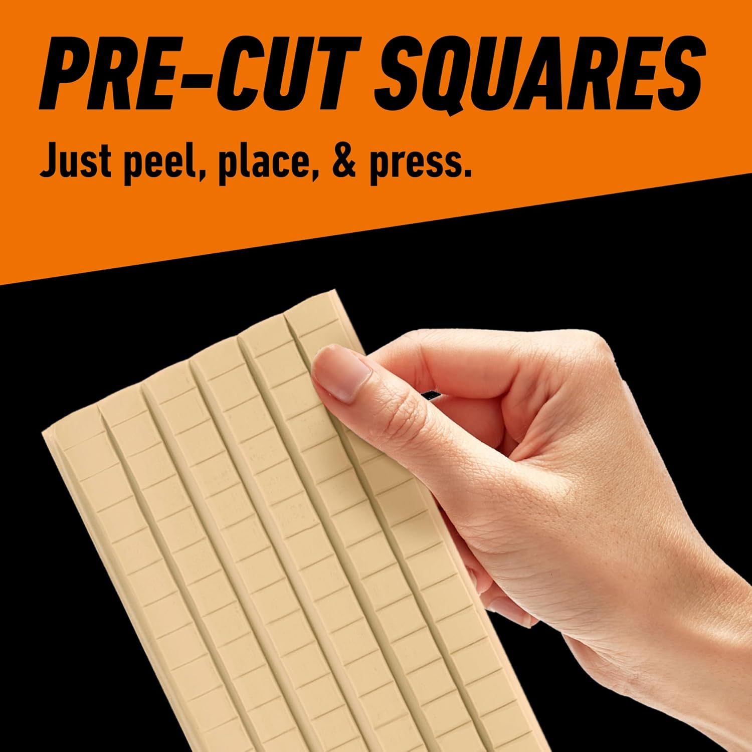 Demonstrates the simple three-step application process (peel, place, press) to reassure shoppers that the product is easy to use without cutting or measuring. Highlights the convenience benefit of…