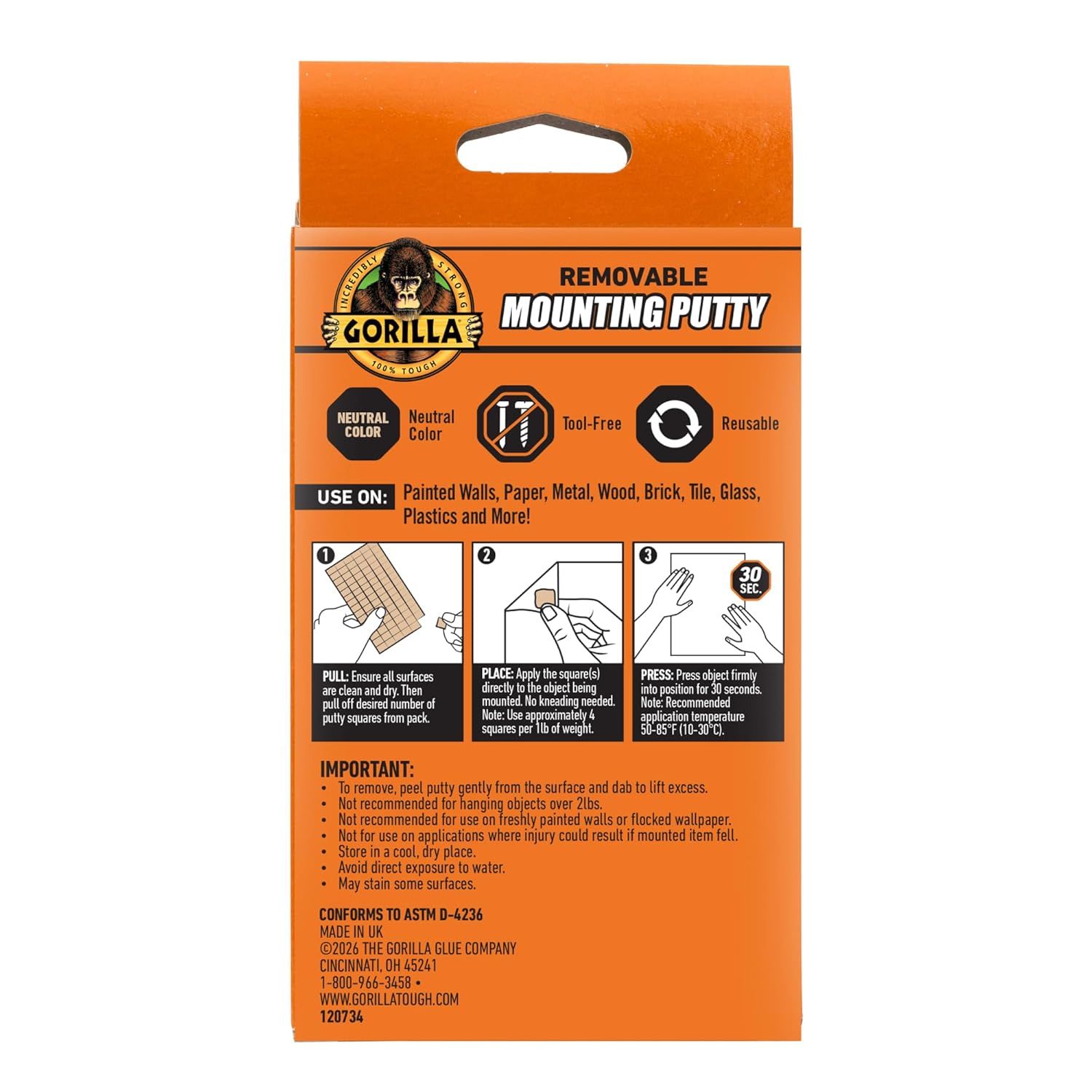 Demonstrates the simple 3-step process for applying the mounting putty (pull, place, press) to reassure shoppers that the product is easy to use and requires no tools. Highlights multiple key…