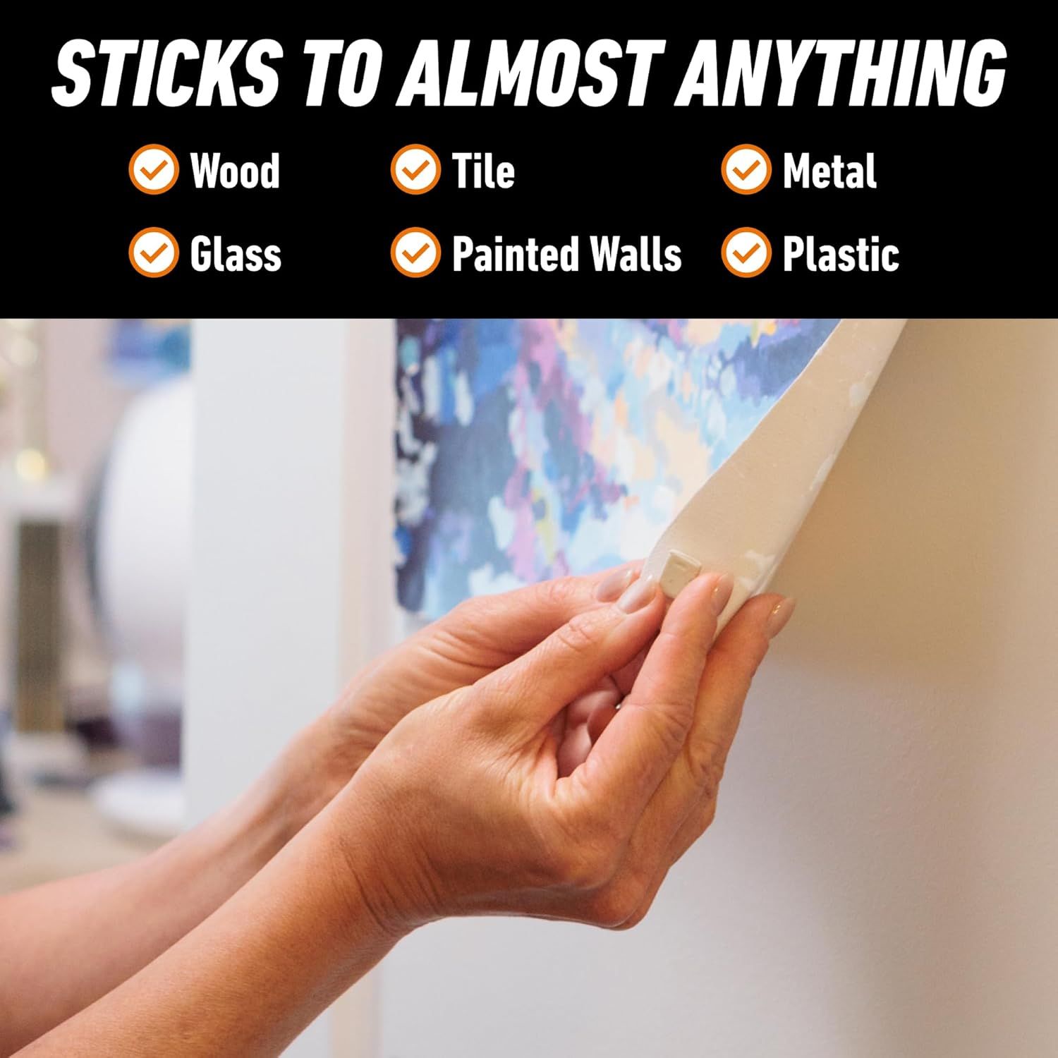 Demonstrates the product's versatility by showing it adheres to multiple surface types including wood, tile, metal, glass, painted walls, and plastic, reassuring shoppers it will work in their…