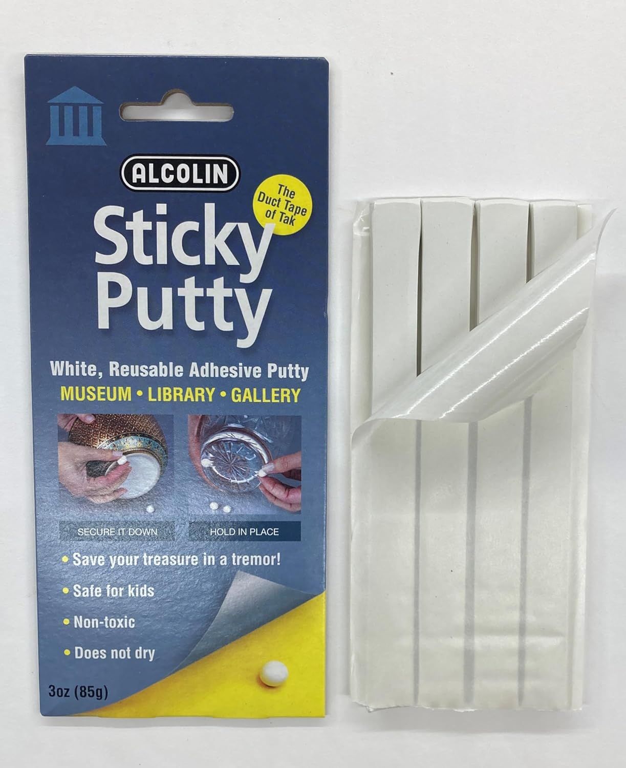 Communicates multiple key benefits of the sticky putty product including safety, reusability, and performance features to reassure shoppers about its versatility and reliability for museum, library,…