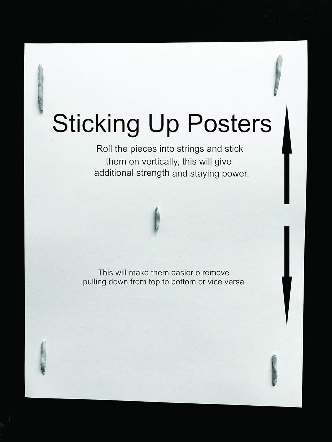 Provides step-by-step guidance on how to properly install posters using the product by rolling pieces into strings and applying vertically for better adhesion and easier removal.