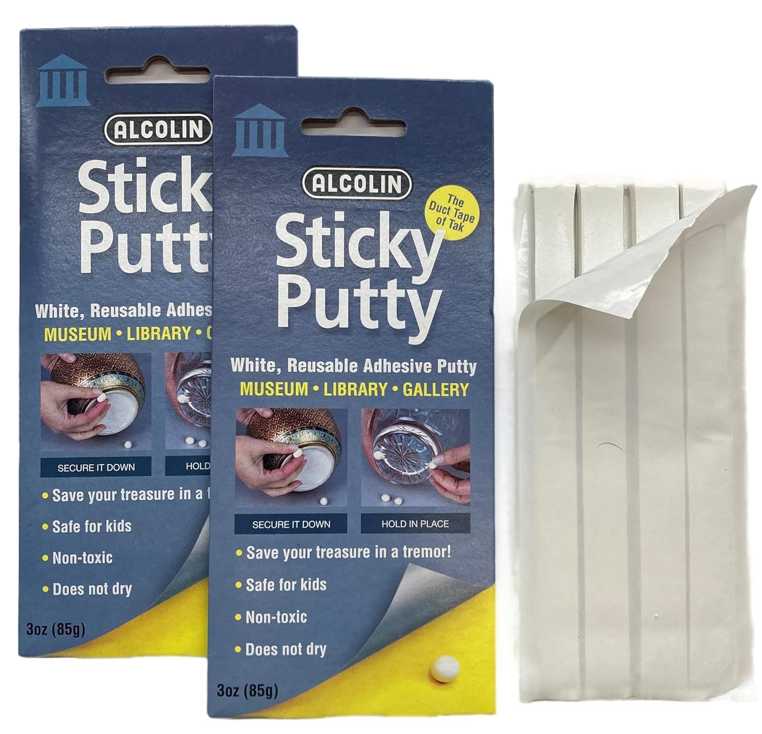 Shows the customer exactly what they will receive in the package: two boxes of Alcolin Sticky Putty and the white putty strips included inside.