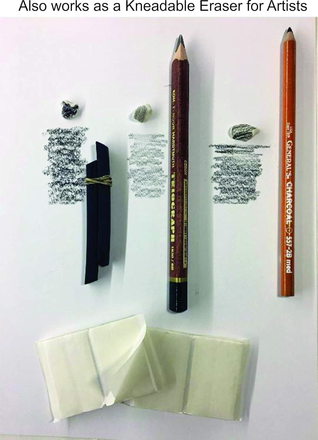 Demonstrates that the product serves multiple applications—it works both as a drawing pencil and as a kneadable eraser for artists, highlighting its versatility.