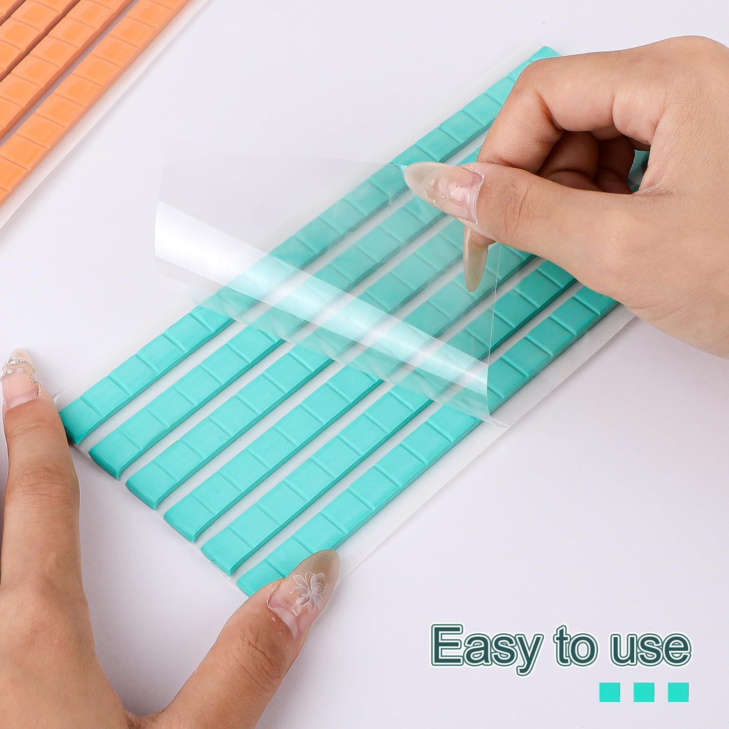 Demonstrates how simple it is to apply the product by showing hands peeling off a protective film, reassuring shoppers that installation requires no special skills or tools. Highlights the product's…