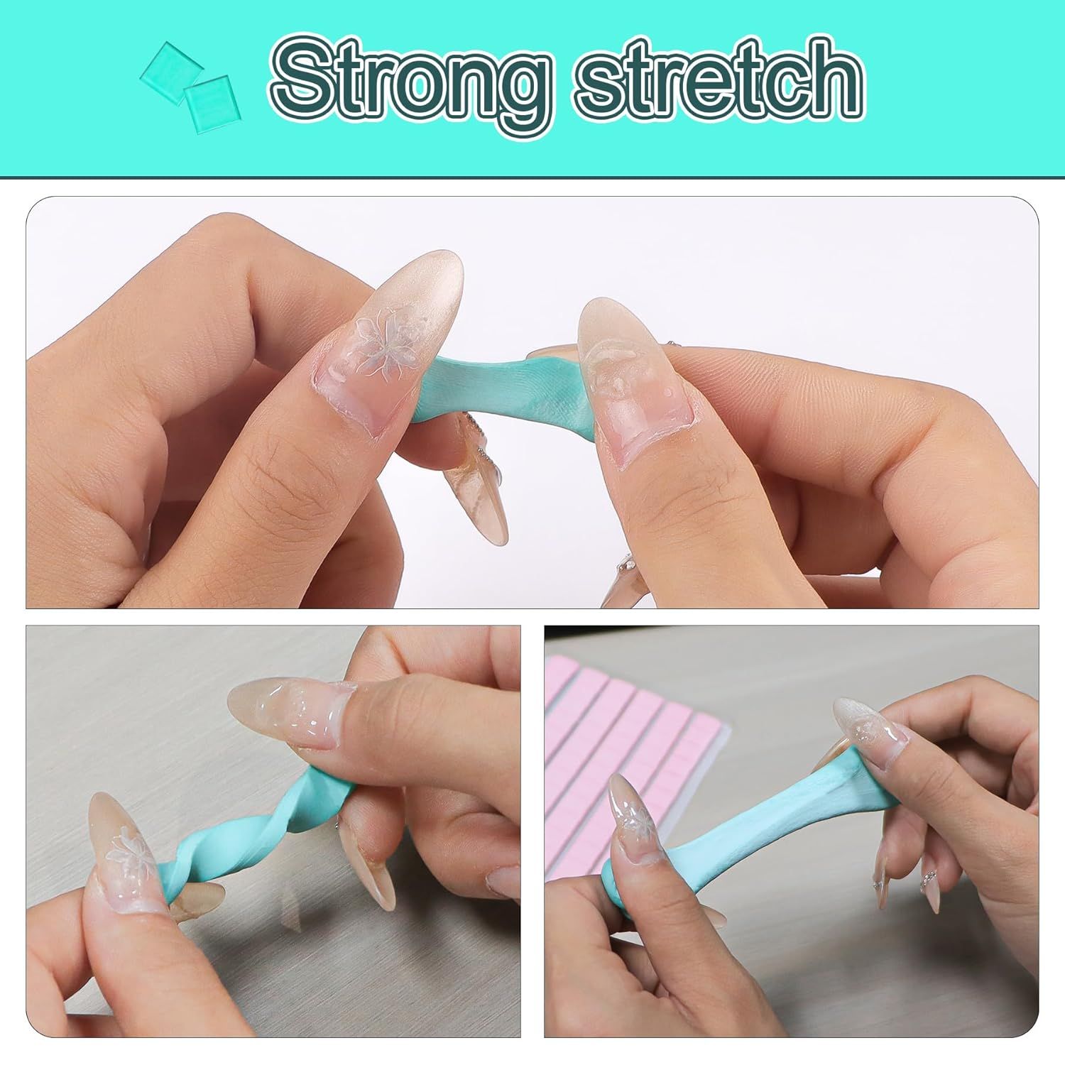 Demonstrates the product's strong stretch and flexibility to reassure shoppers that the press-on nails are durable and won't break easily during application or wear.