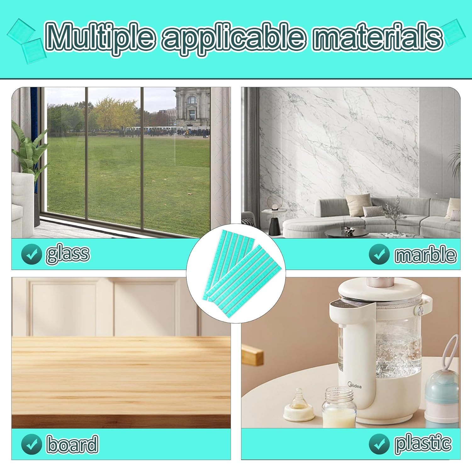 Demonstrates the product's versatility by showing it can be applied to multiple different surfaces and materials, reassuring shoppers that it works across various use cases in their home.