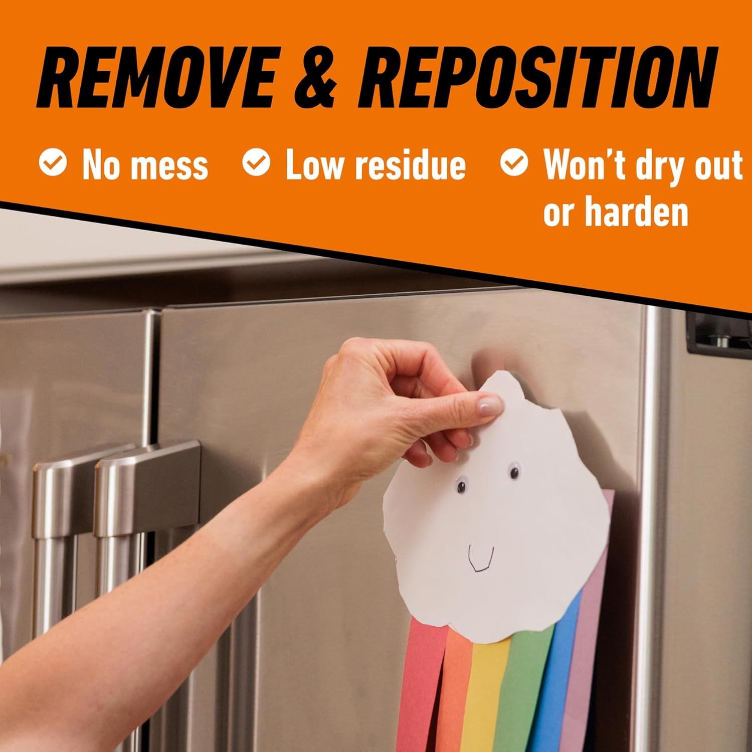 Communicates multiple benefits of the product's remove-and-reposition capability, reassuring shoppers that it's clean, easy to use, and maintains adhesive quality over time.