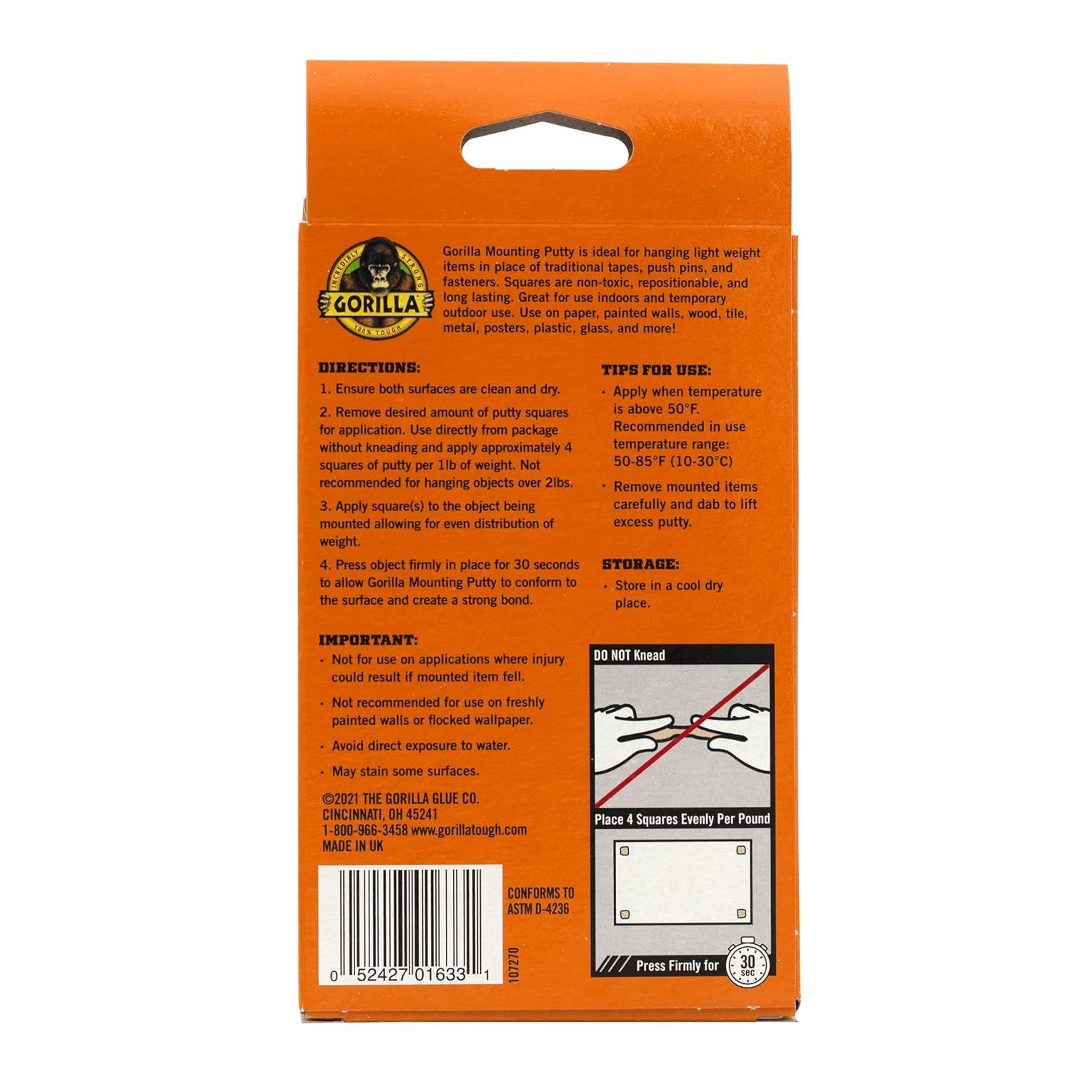 Provides step-by-step directions on how to properly apply and use the mounting putty, including preparation, application amount, placement technique, and press time to ensure effective bonding.