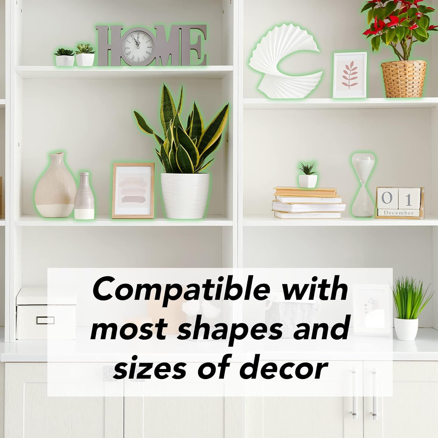 Demonstrates that the product (likely shelf organizers or decorative elements with green outlines) is compatible with various decor shapes and sizes, reassuring shoppers of its versatility in…