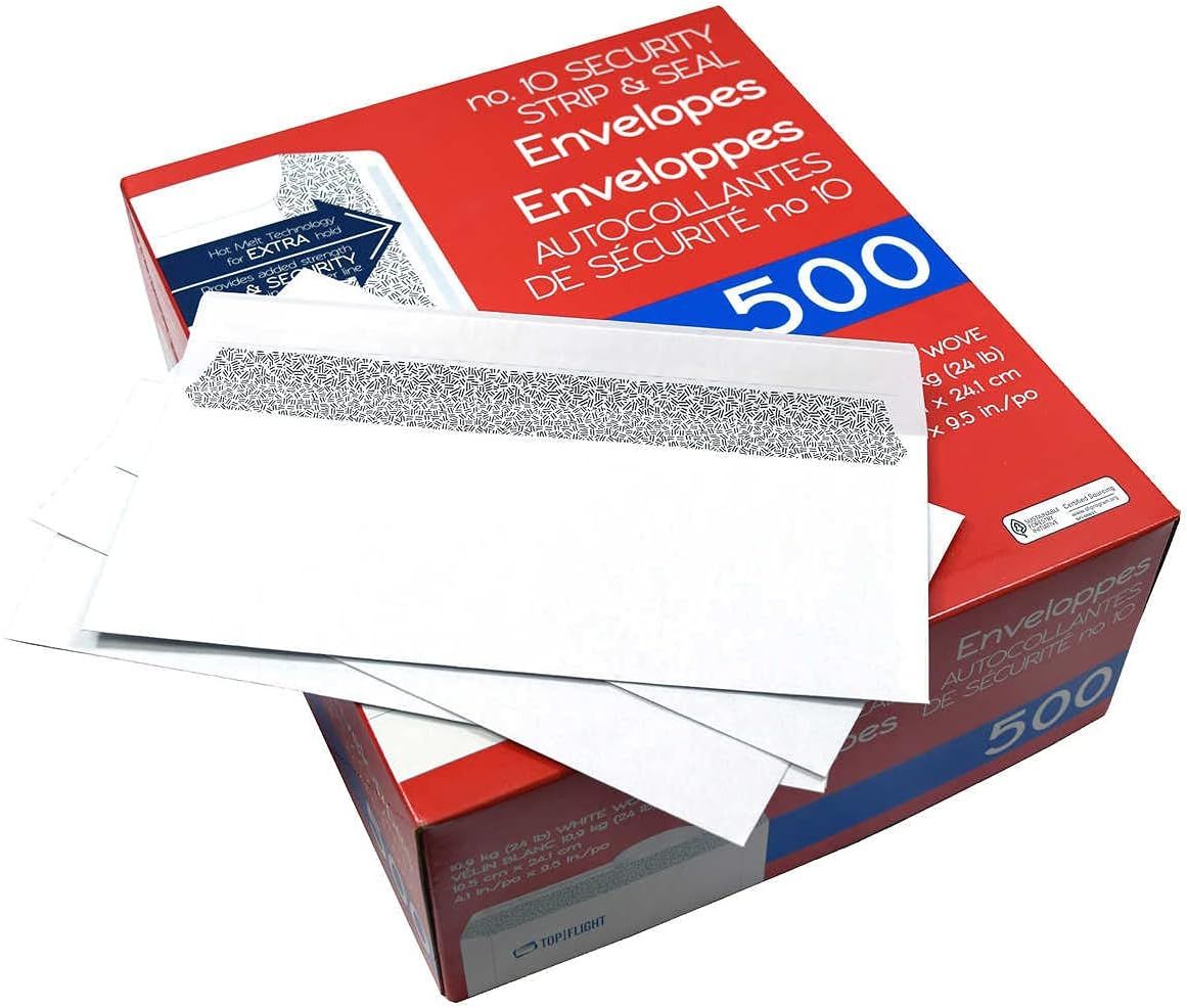 Shows the customer exactly what they receive in the package: a box of 500 security envelopes with patterned interior lining and self-seal closure, demonstrating the quantity and product features…