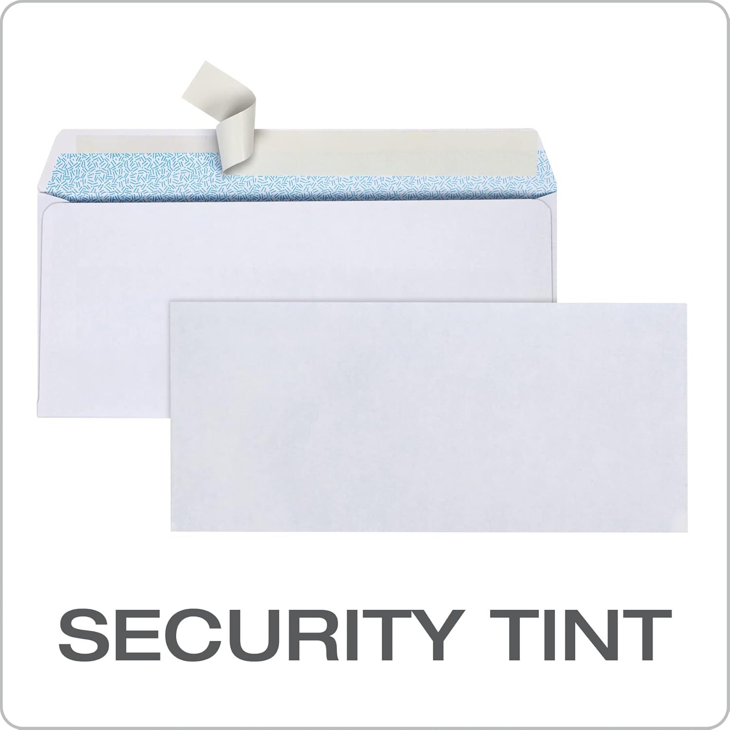Highlights the security tint feature of the envelope to reassure shoppers that their mail contents will remain private and protected from view.