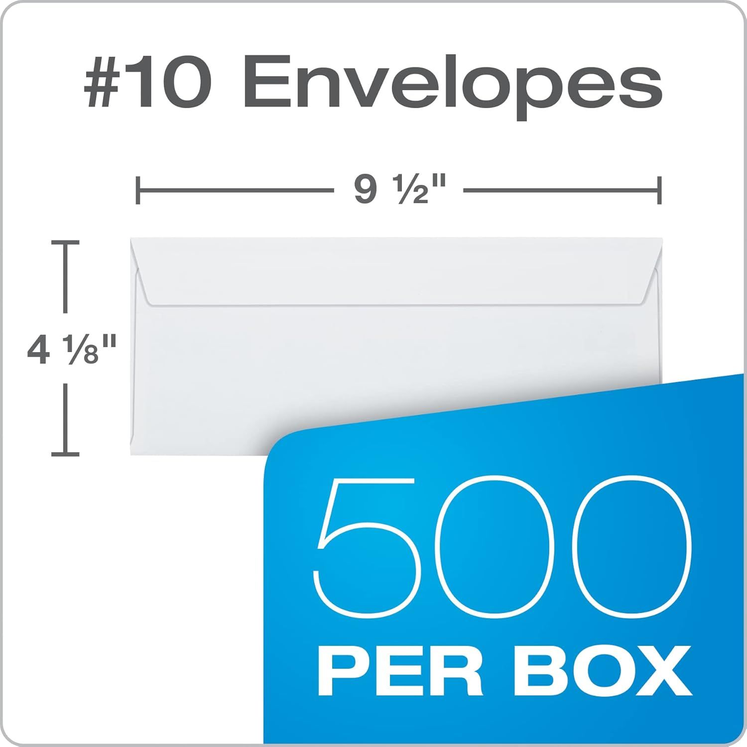 Communicates the exact physical dimensions of the #10 envelopes (9.5 x 4.125 inches) to help shoppers confirm the product fits their needs. Highlights the value proposition by showing that 500…