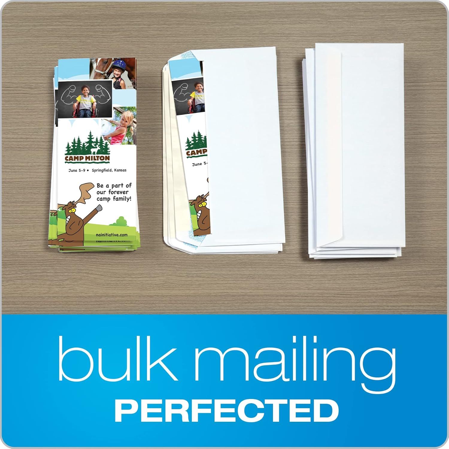 Demonstrates what customers receive in a bulk mailing package, showing the printed brochures/flyers with custom photos and branding alongside blank envelopes, reassuring buyers about the complete…