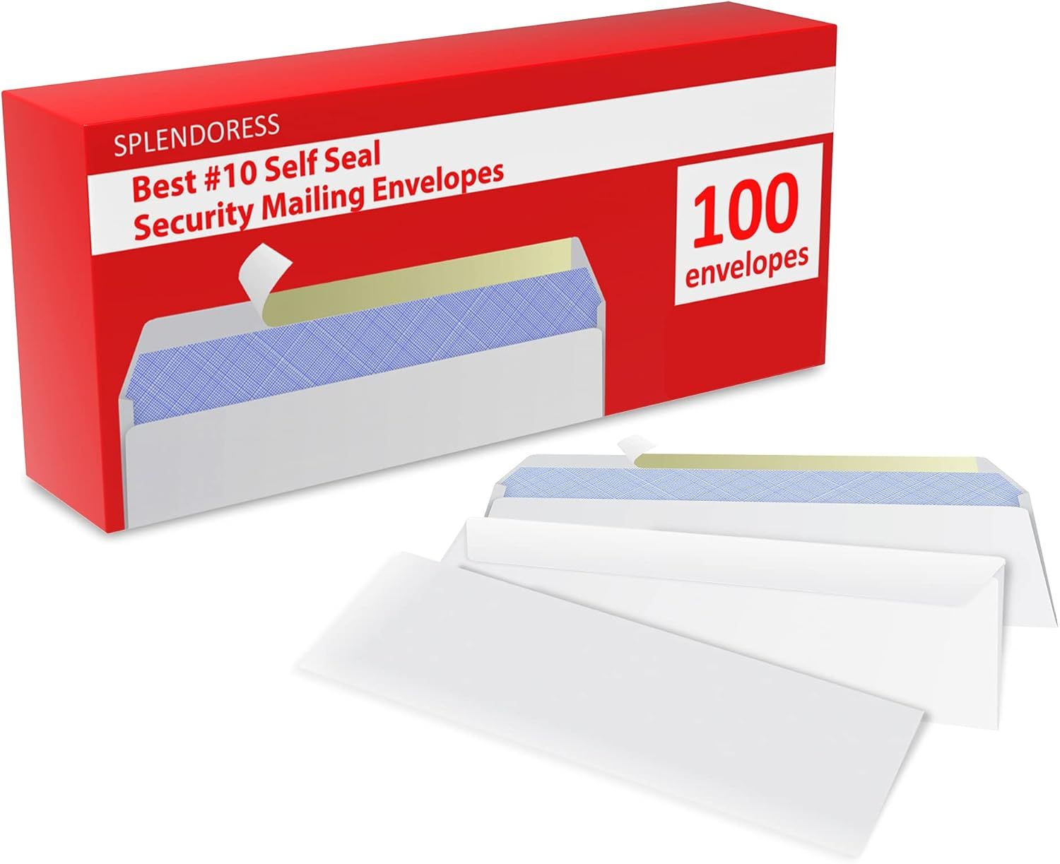 Shows the customer exactly what they receive in the package—100 self-seal security envelopes—and highlights the security feature with the blue pattern lining visible inside the envelopes.