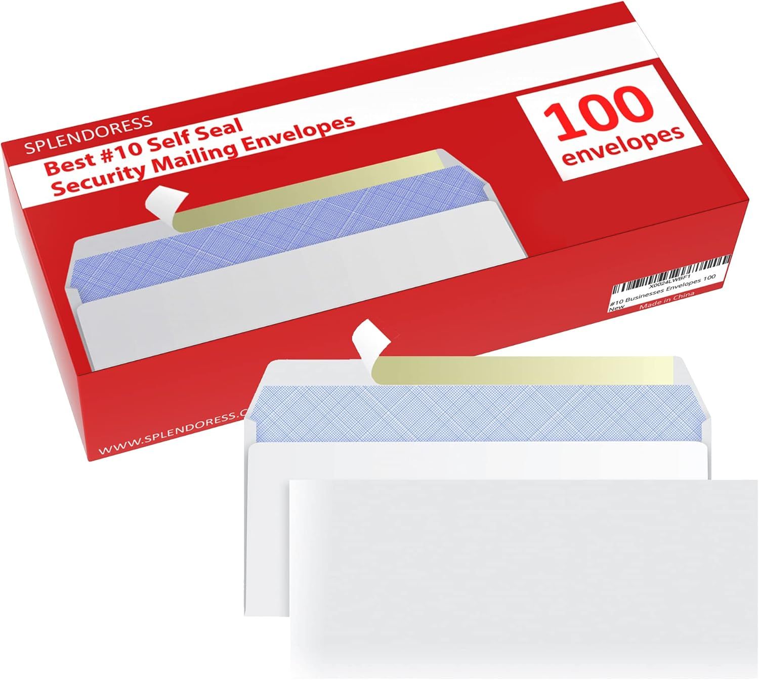 Shows the customer exactly what they receive in the package: a box of 100 self-seal security mailing envelopes, reassuring them of the quantity and product type included.