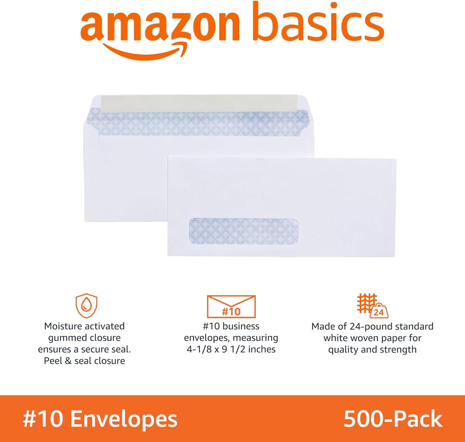 Communicates multiple product features including secure seal closure, standard business envelope dimensions, and quality paper construction to help shoppers understand the key specifications and…