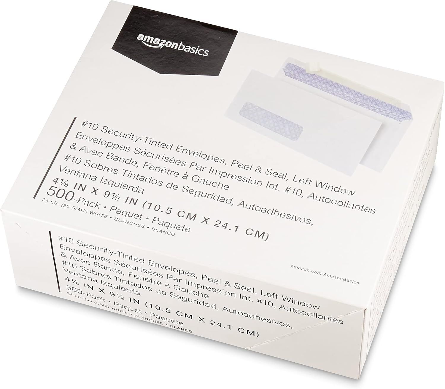 Provides a clean, catalog-style view of the AmazonBasics security-tinted envelopes packaging to show what the customer will receive.